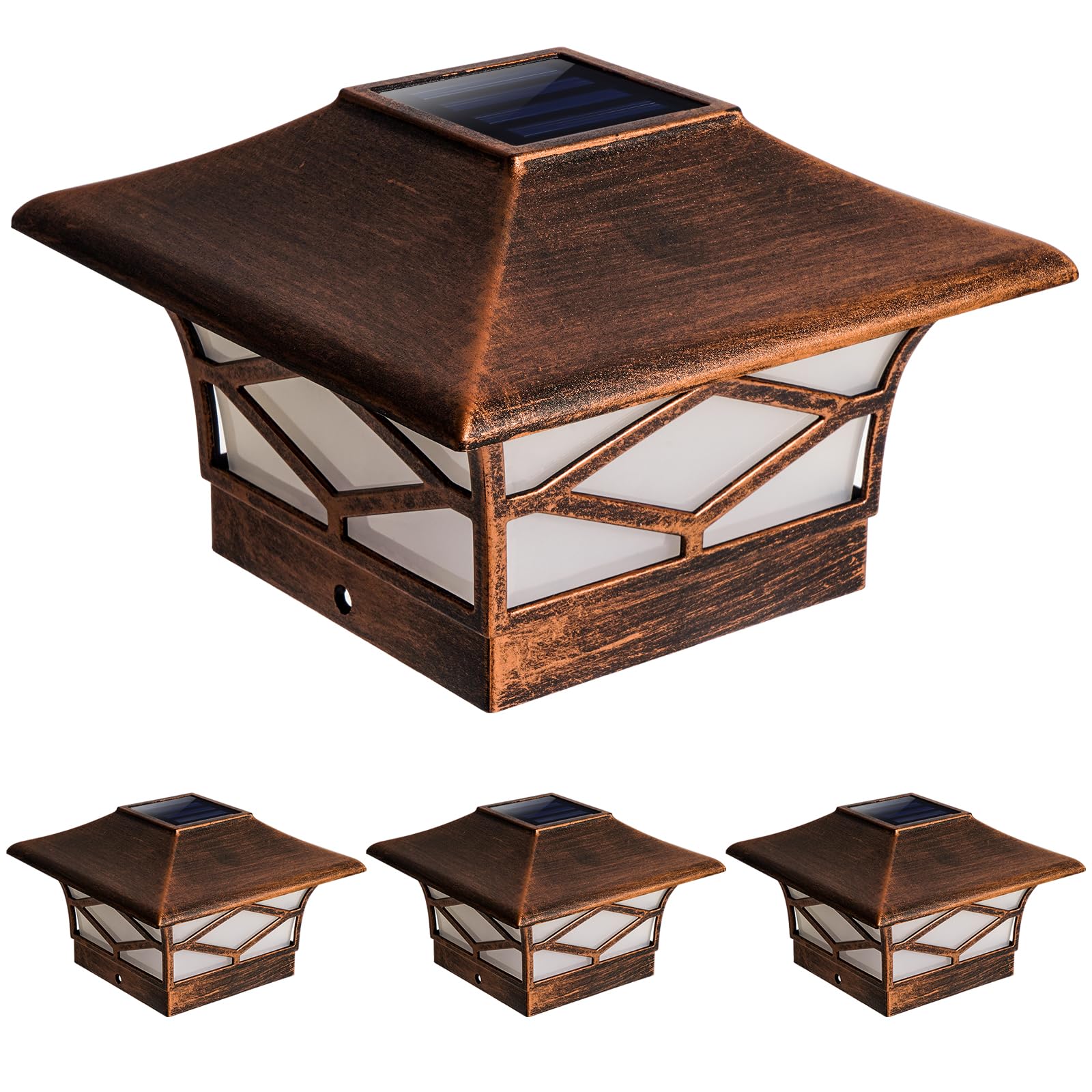 Solar Post Cap Lights Copper - Outdoor LED Solar Garden Lighting Deck Fence Cap Light 4 Pack Waterproof Warm White LED Solar Bac