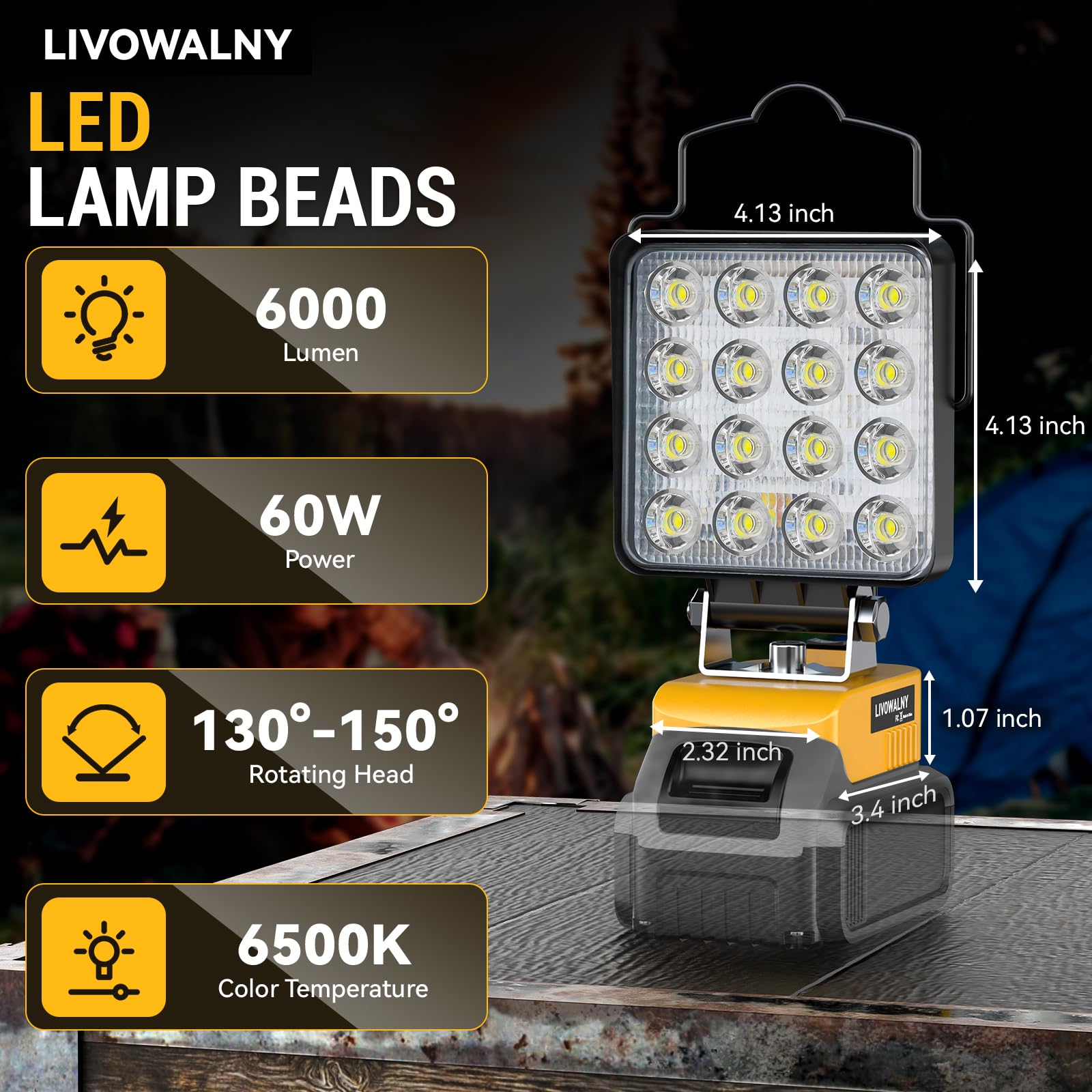 2Pcs Cordless Led Work Light For Dewalt 20V Max Battery, 120W 12000Lm Battery Light For Dewalt 20V Tools, Portable Flood Light F