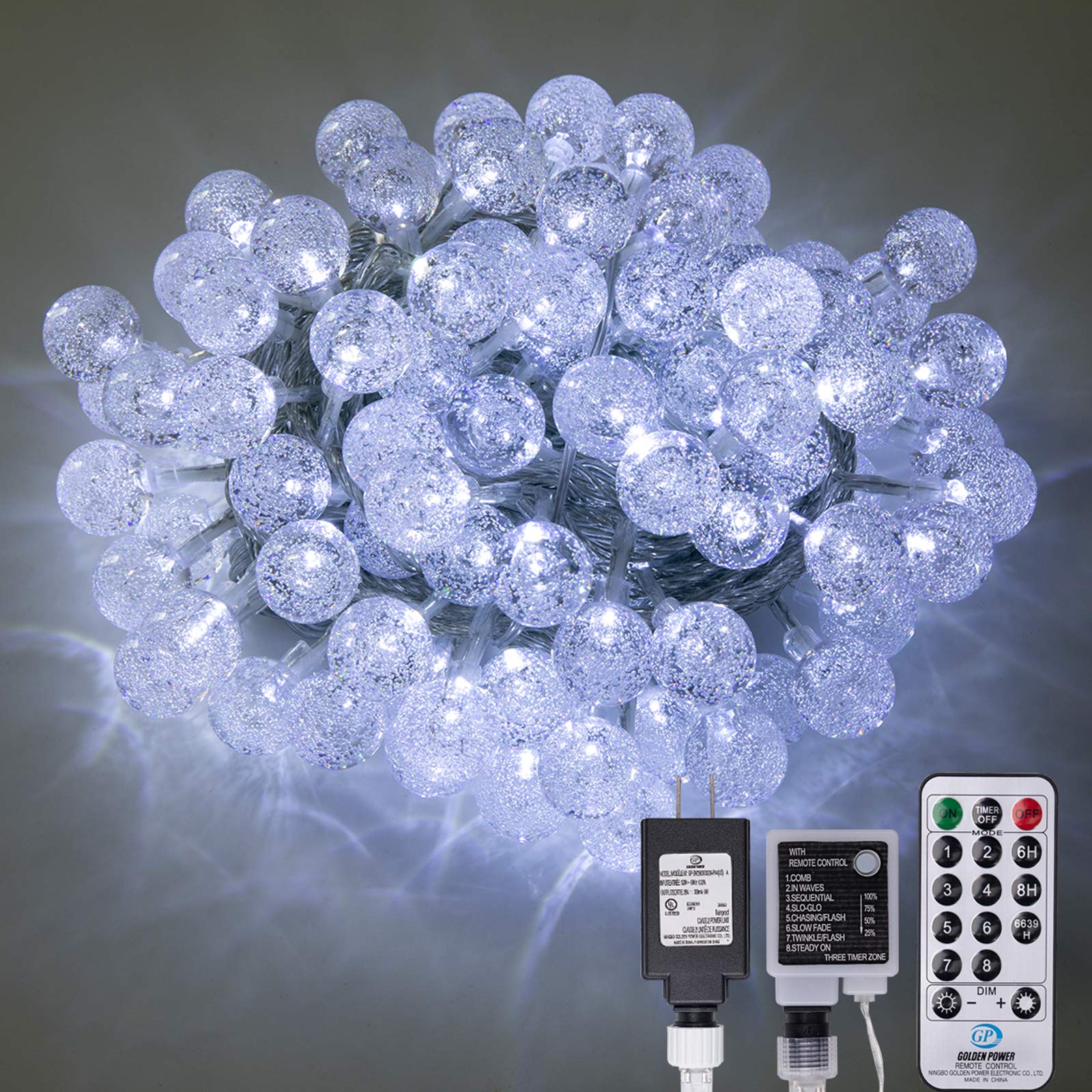 AWQ LED Globe Ball String Lights, 49 FT, White, Crystal Bubble, 8 Modes, Plug-in, Remote, Indoor/Outdoor Wedding Decor