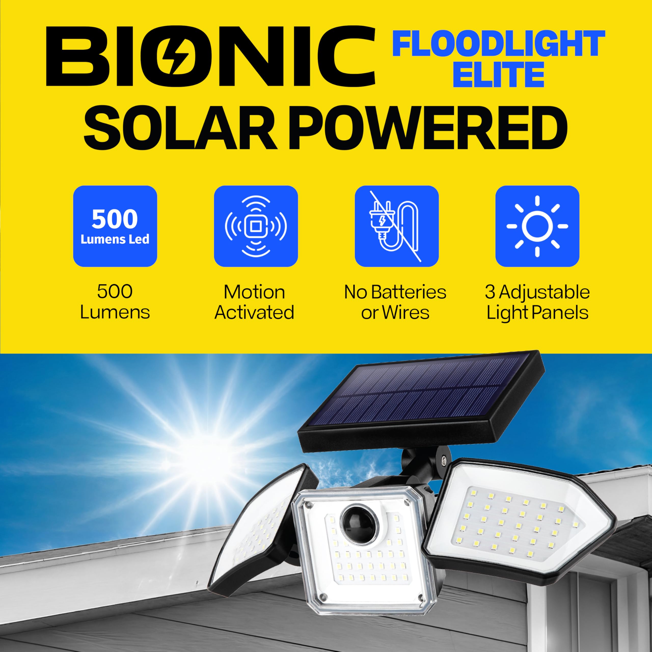 Bell+Howell Bionic Flood Light - 2 Pack Solar Motion Sensor, 500 Lumens, Waterproof, Black, Model 1146