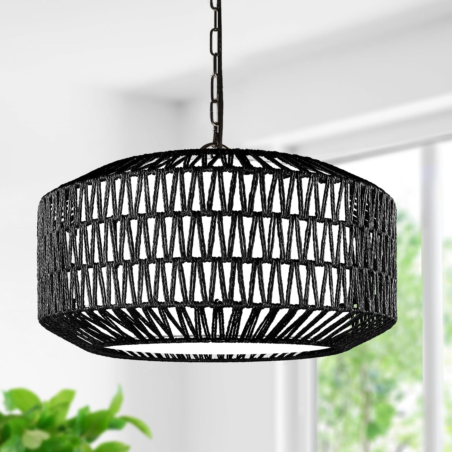 Lynnoland Farmhouse Black Chandelier Light Fixture  5-Light Rustic Boho Chandeliers With Rattan & Linen Shade  Black Hanging Lighting For Dining Room  Kitchen Island  Bedroom (Bulbs Not Included)