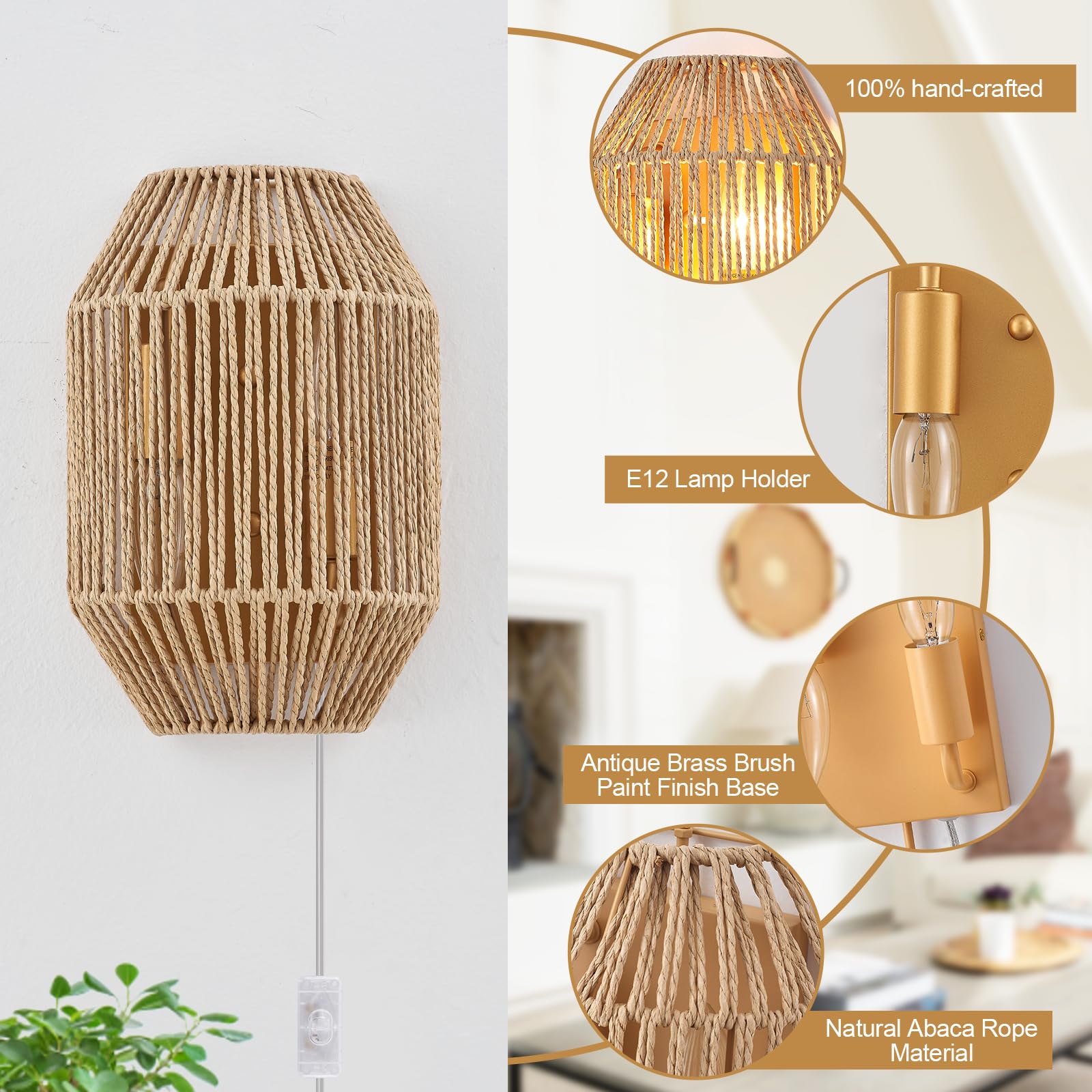 MhyTogn Rattan Plug-in Wall Sconce Set of 2, Boho Woven Shade, Antique Brass Finish for Living Room, Stairway, Hallway