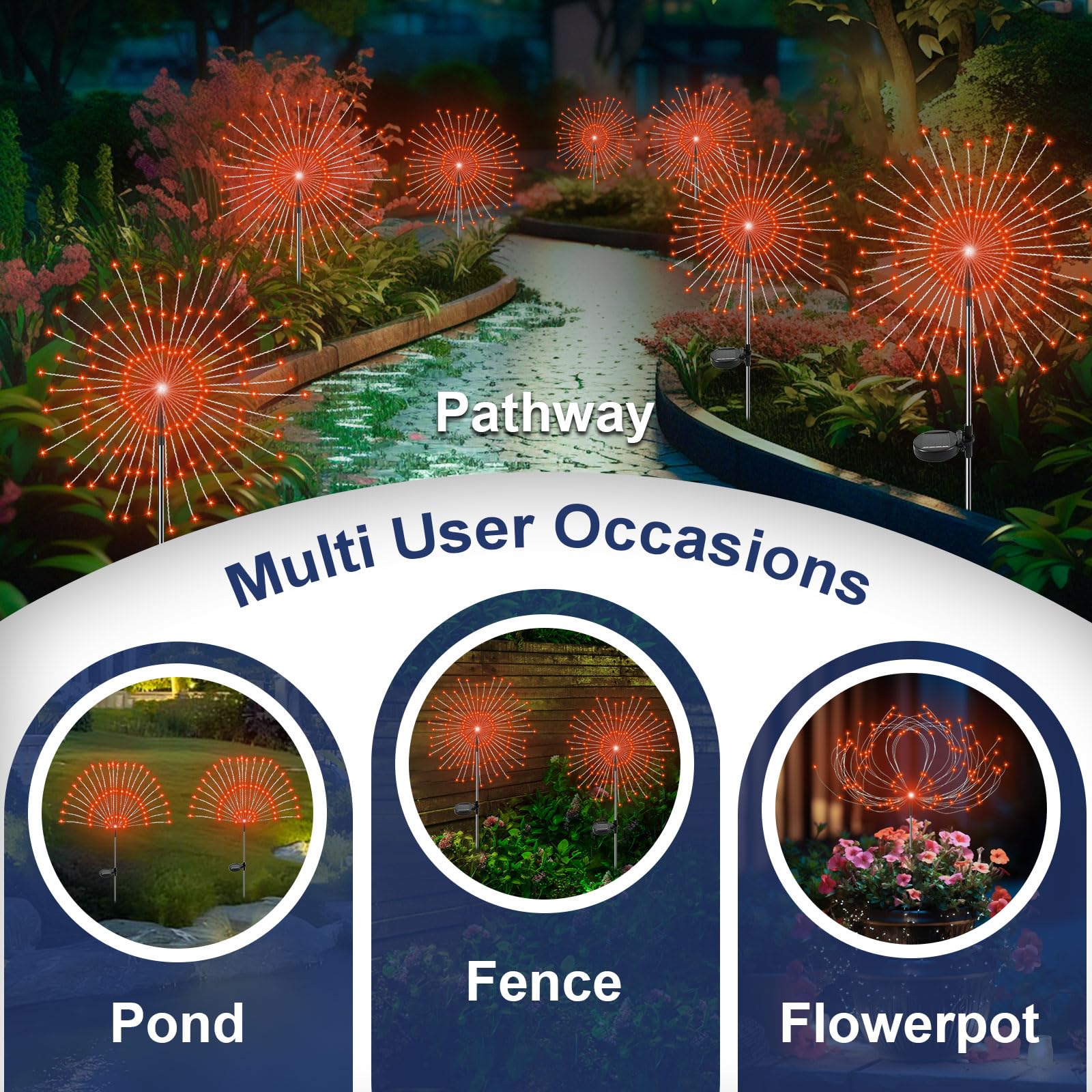 YaaFen Solar Garden Lights, 120 LED Twinkling Firework Lights, 2 Pack, Waterproof, Orange, Model YHD