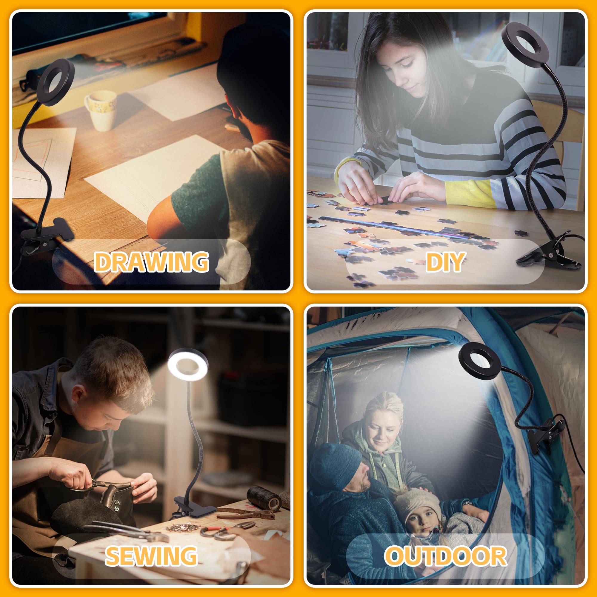 Foneso Clip-On Desk Lamp - 48 LED, 3 Color Modes, 10 Brightness Levels, 360° Flexible Gooseneck, Black, Model 1