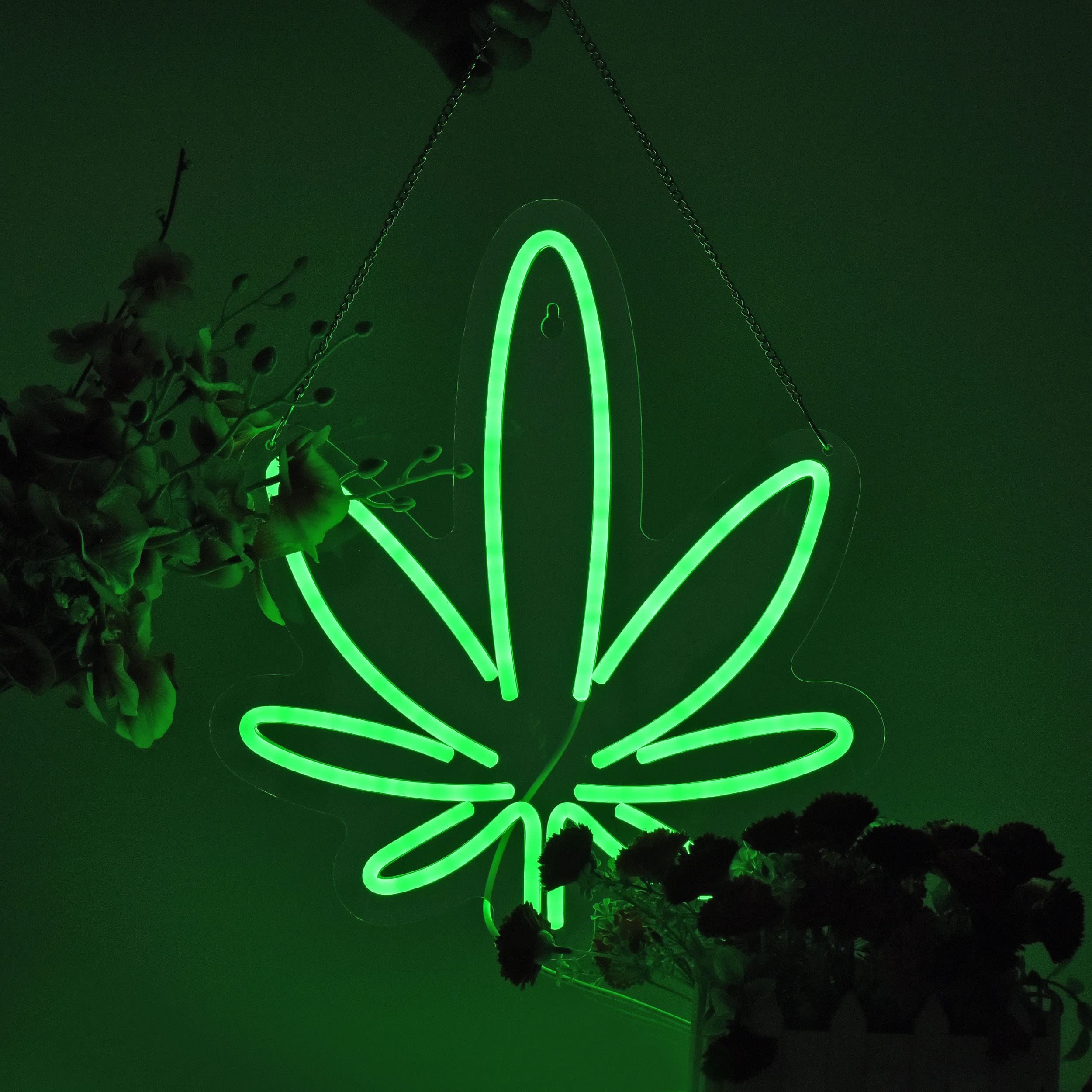 Roouneon Green Leaf Neon Sign With Dimmable Switch - Led Wall Light For Bar, Club, Office