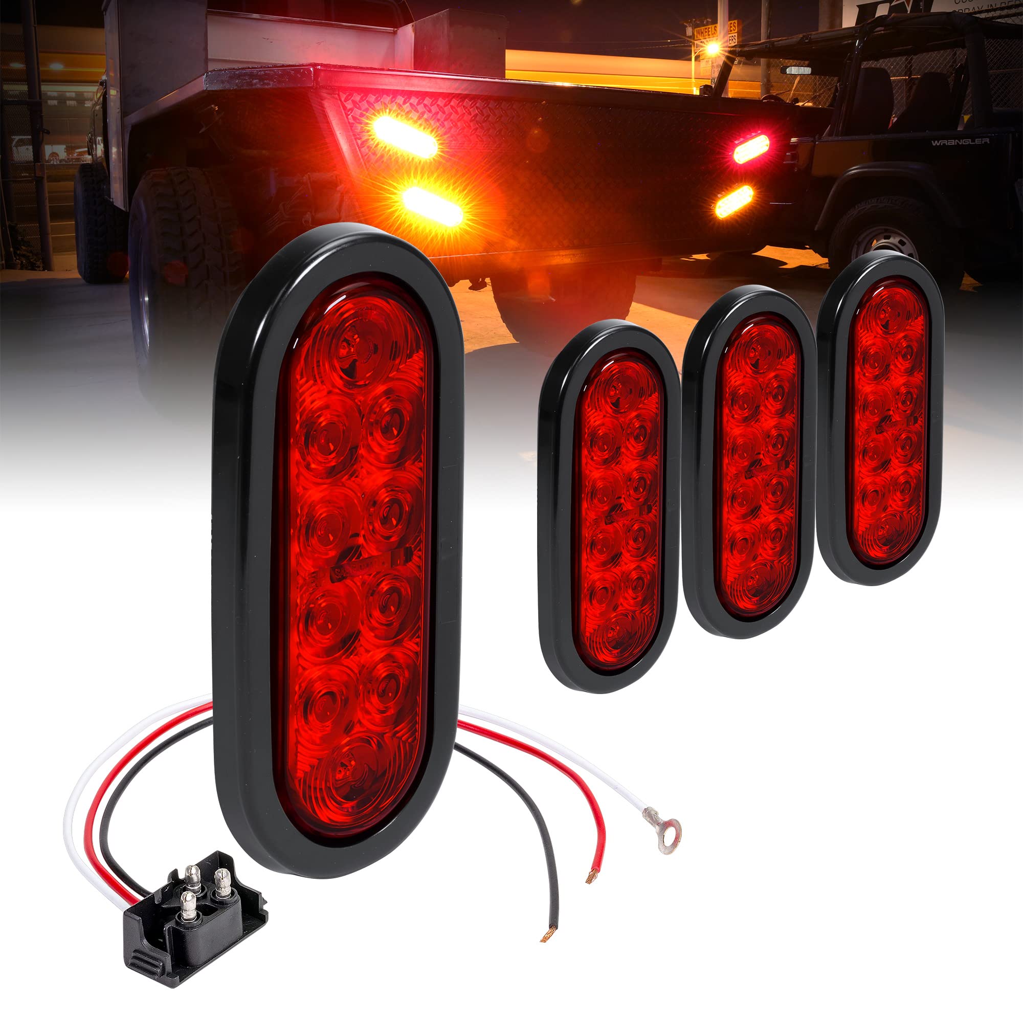 True Mods 4Pc 6&quot; Red Oval Led Trailer Tail Light Kit [Dot Fmvss 108] [Sae S2Tsi6P2] [Grommet & Plug] [Ip67 Waterproof] [Stop Turn Tail] Trailer Brake Lights For Boat Trailer Rv Trucks