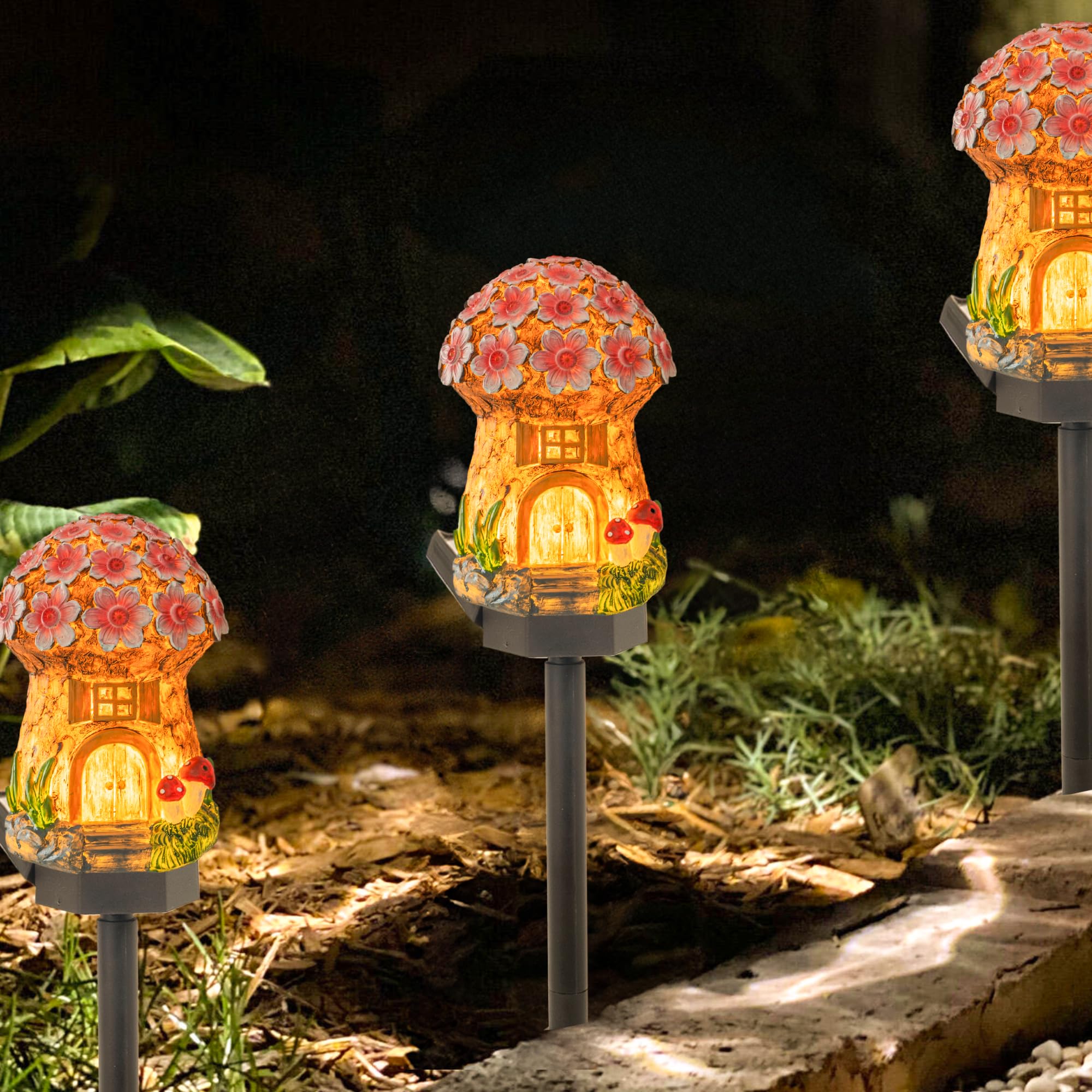 Dazzle Bright Solar Mushroom Lights - LED Garden Decor, Resin, Outdoor Stakes