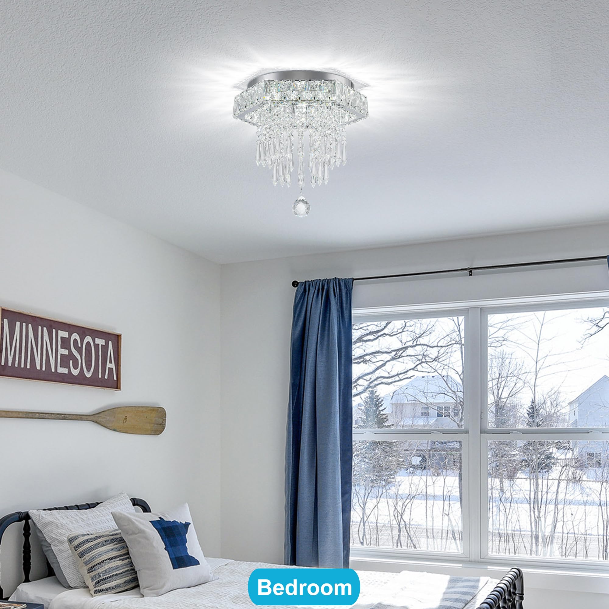 11.8'' Hexagon Led Flush Mount Ceiling Light - Modern Crystal Chandelier For Bedrooms, Dining Room, Hallway With Remote Control