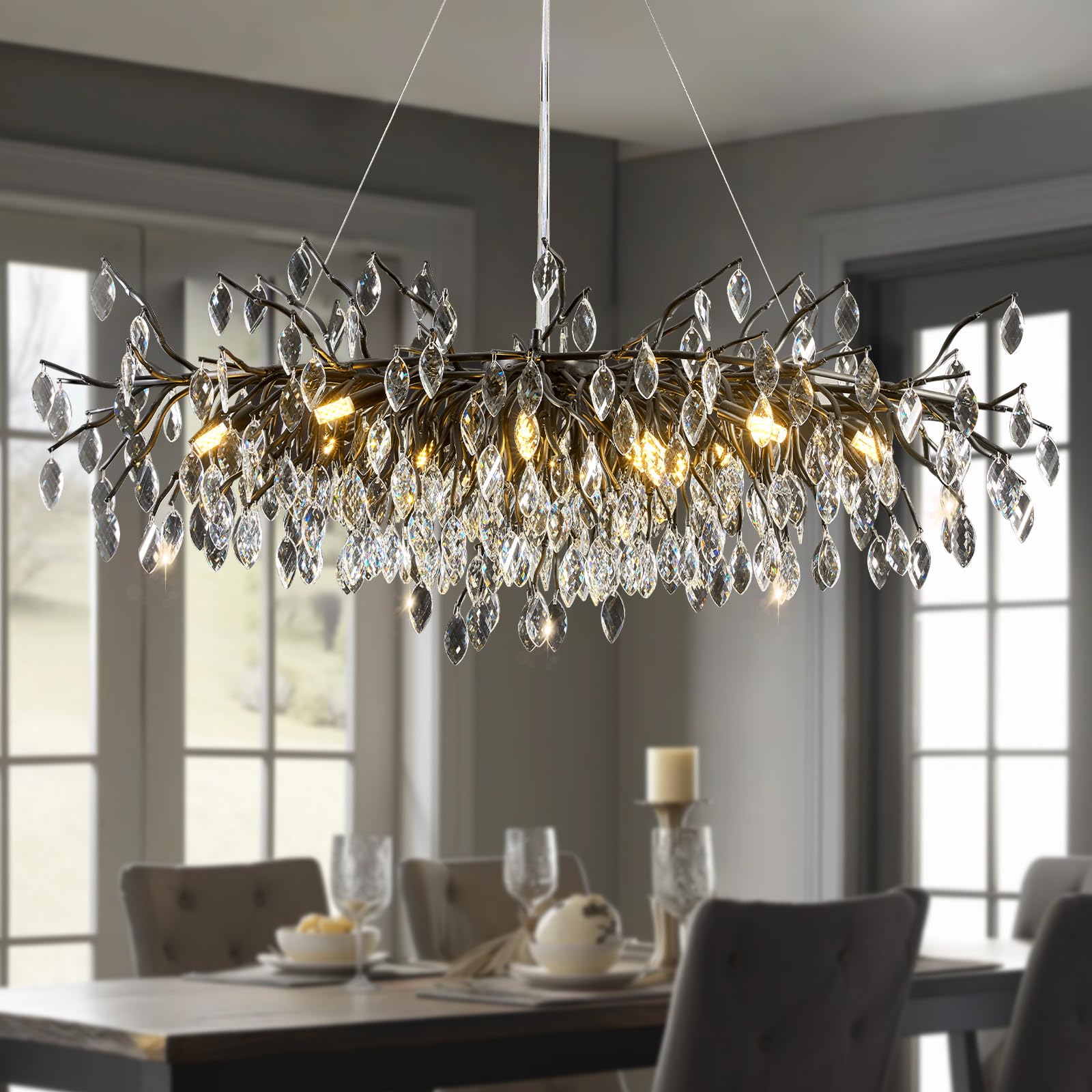 EWIMXSVC Large Black Crystal Tree Branch Chandelier  L47 Rectangular Modern Chandeliers for Dining Room 13 Lights Living Room Chandelier High Ceiling Kitchen Chandeliers Over Table  Height Adjustable