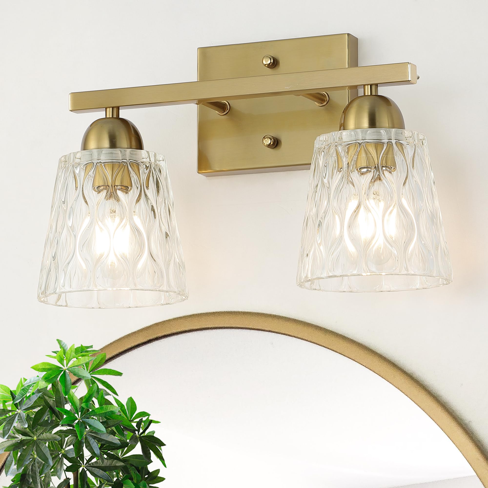 Mecgirn Stainless Steel 2 Light Bathroom Vanity Light, Brushed Gold Bathroom Light Fixtures With Textured Glass Shades, Modern Vanity Lighting Wall Mount Over Mirror