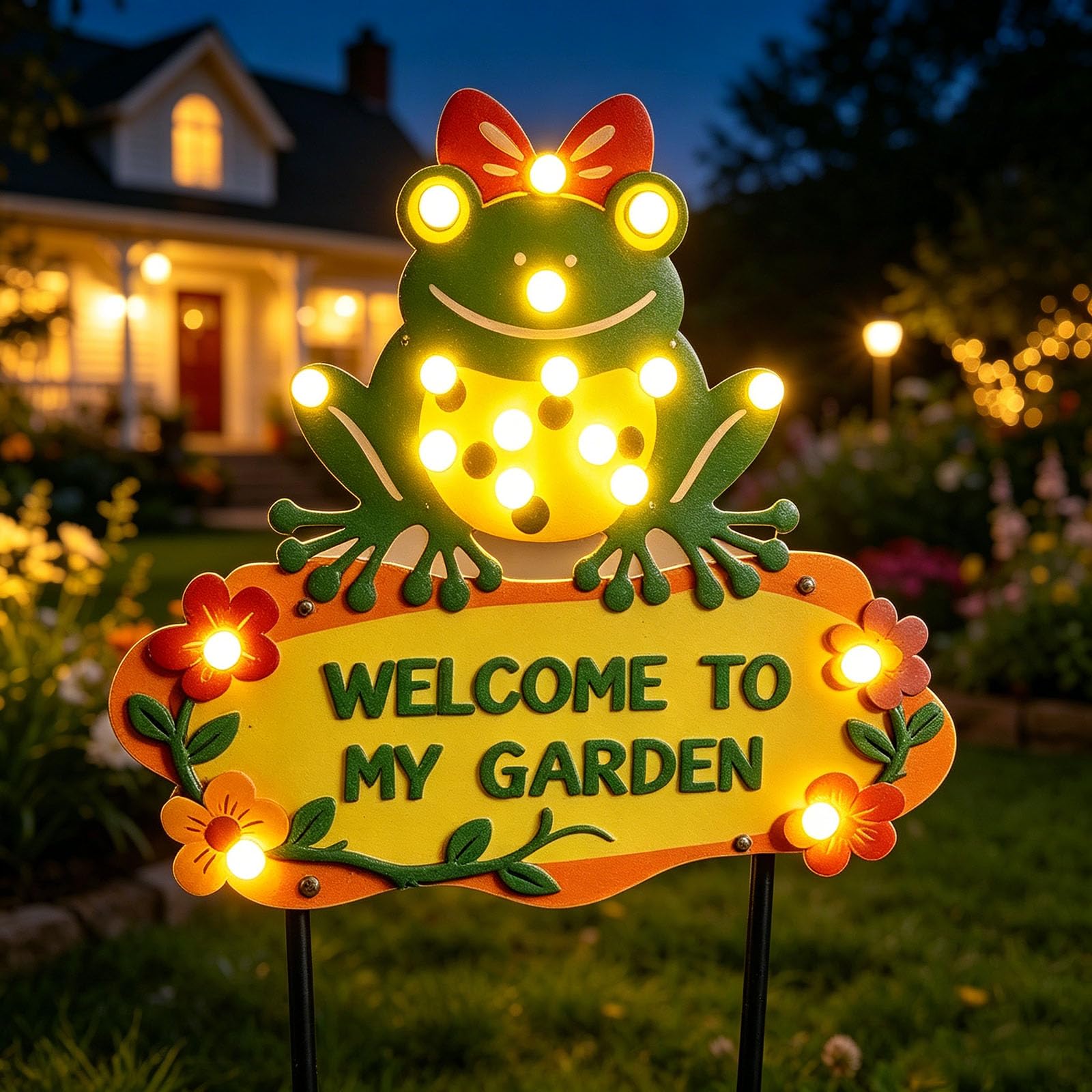 Frog Solar Lights Outdoor Garden 43.7 with 18 Bulbs Solar Powered String Lights, Large Welcome to My Garden Green Yard Stakes fo