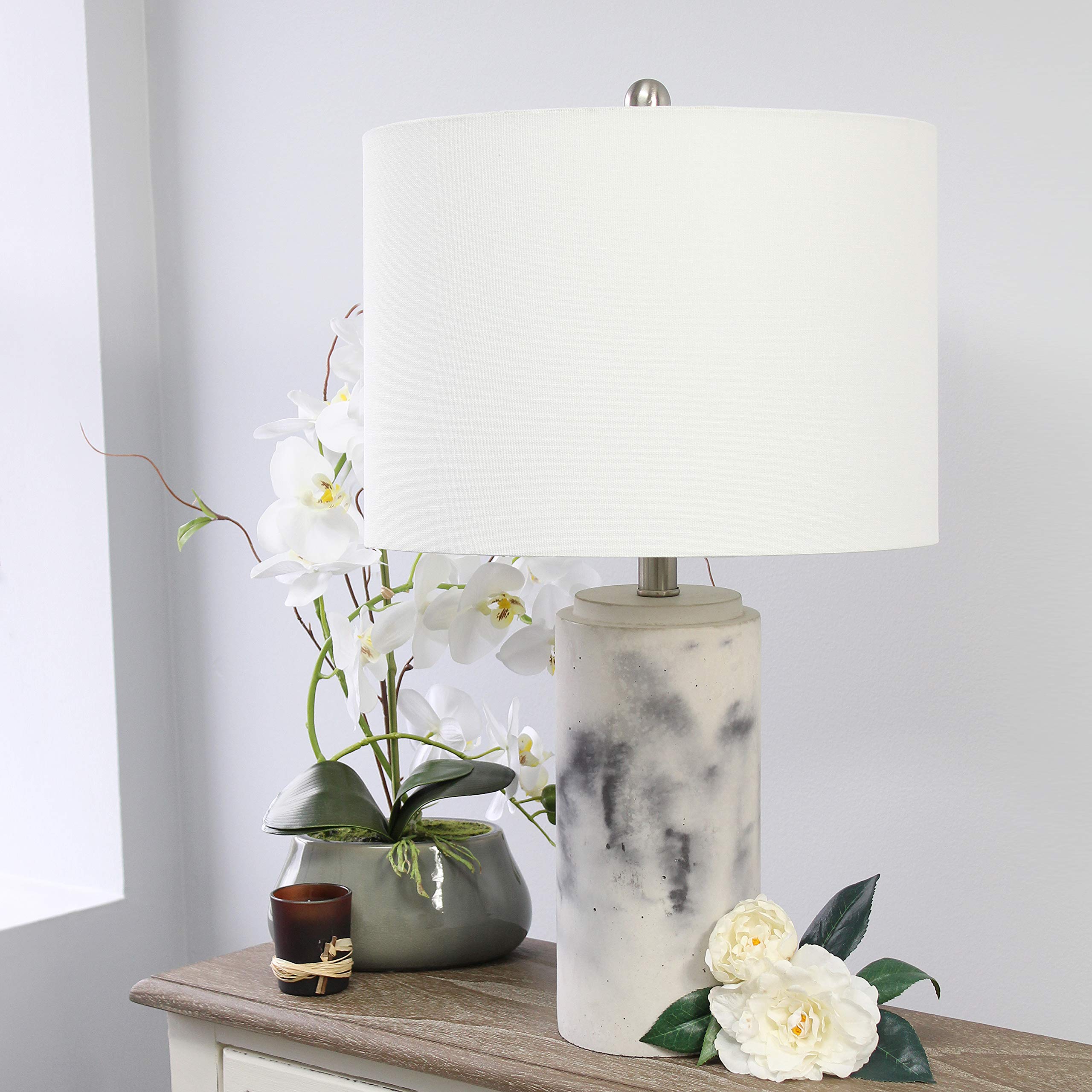 Elegant Designs LT3325-WHT Marble Table Lamp, Fabric Shade, White