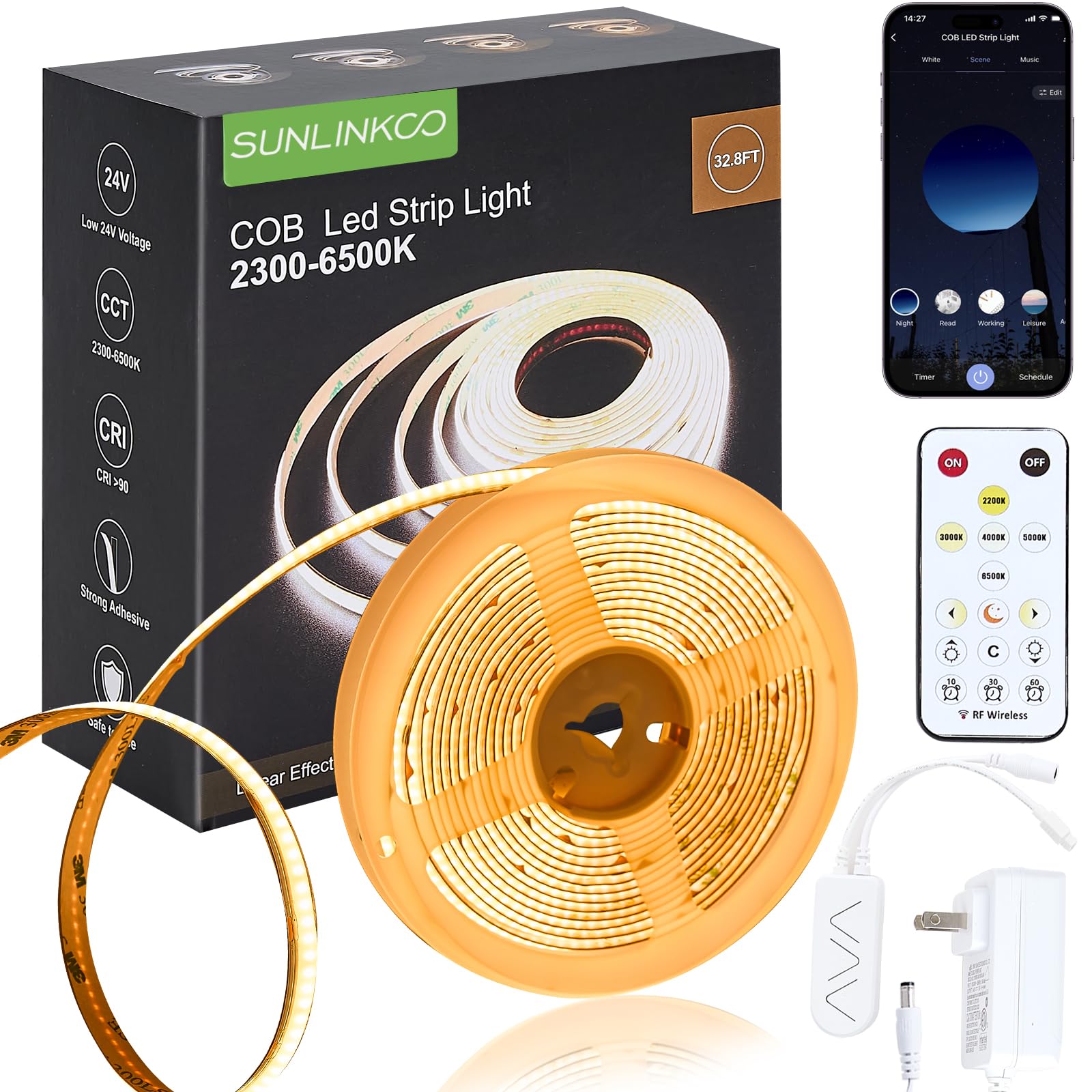 Cob Led Strip Light 16.4Ft  Dimmable 2300K-6500K White Cct Tunable  Dc 24V Cuttable Led Tape Light  High Density 3040 Led 36W Cri 90  App Remote Control  Music Mode  For Home Diy  Living Room  Bedroom
