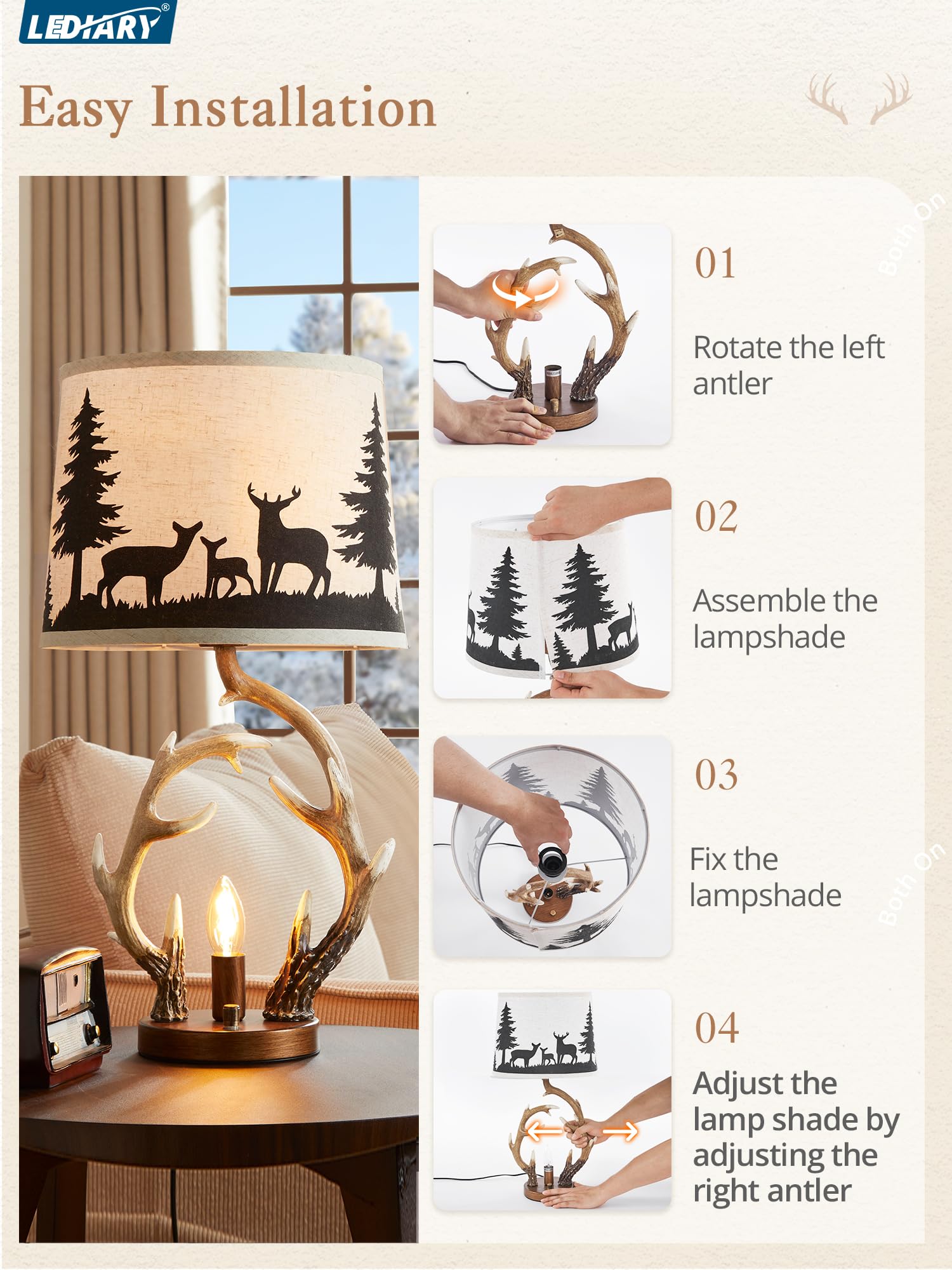 LEDIARY 23.8 Antler Table Lamps Set of 2 with Nightlight, 2 USB Ports Rustic Western Lamp with Deer Linen Fabric Shade, Cabin De
