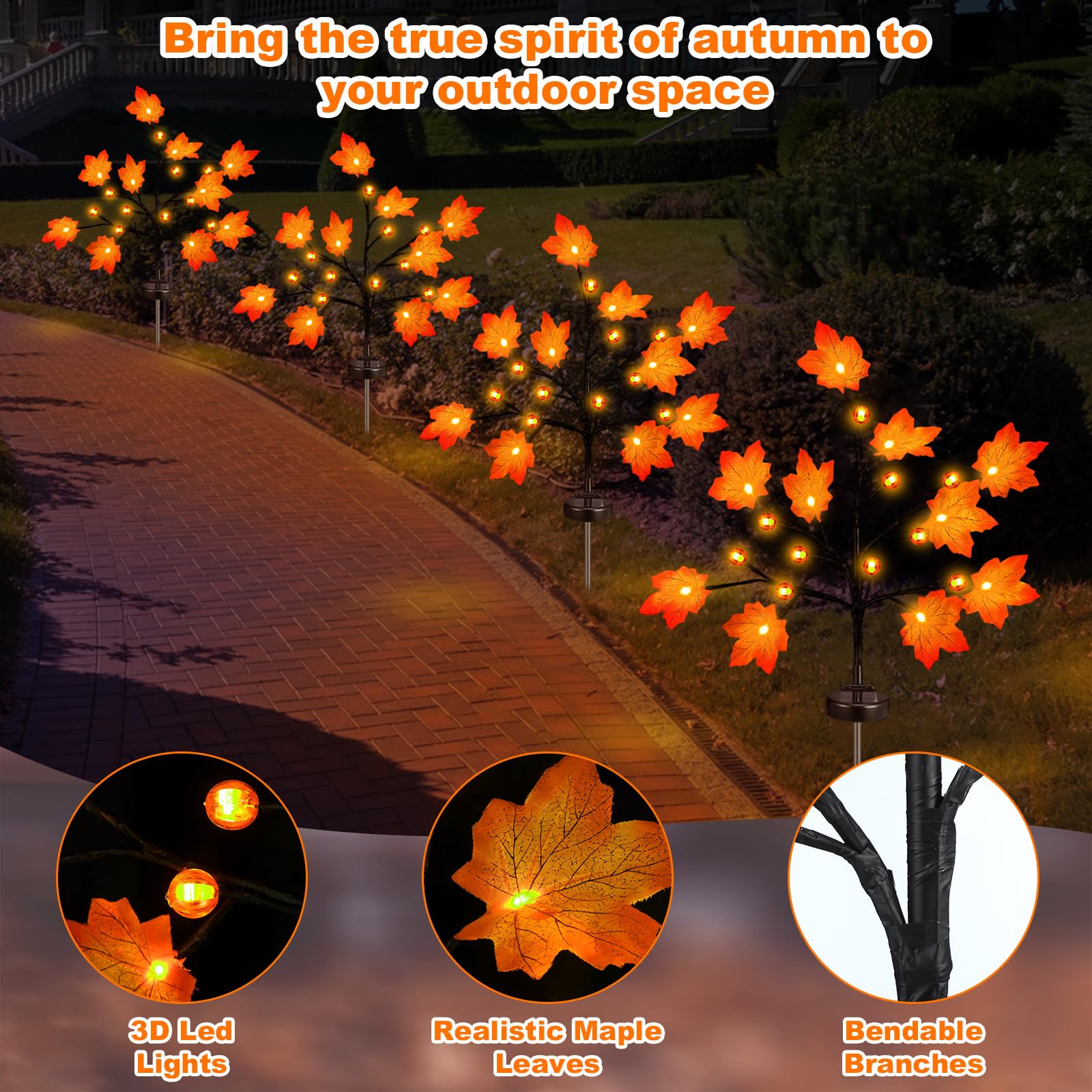 Rossesay 4 Pack Outdoor Fall Solar Lights Decorations Thanksgiving Waterproof Orange Maple Leaf Lights  Autumn Artificial Tree For Halloween Christmas Party Yard Garden Decor  10 Led 8 Modes