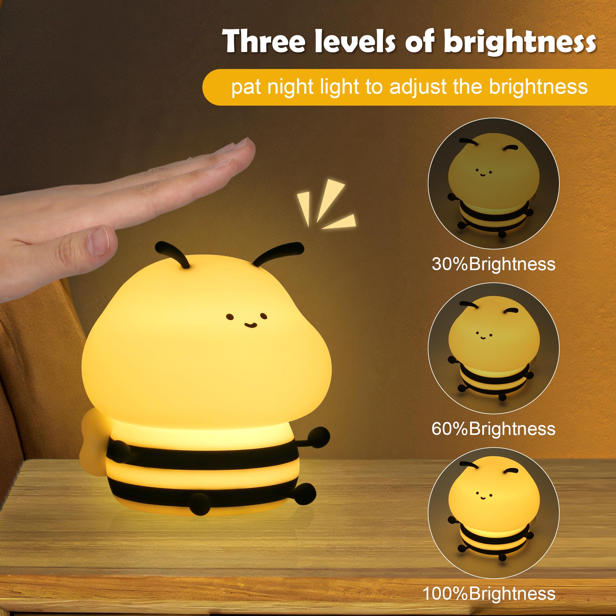 Soledun Bee Silicone Night Light - Dimmable RGB Lamp with USB Rechargeable Touch Control for Kids' Bedroom & Nursery Decor