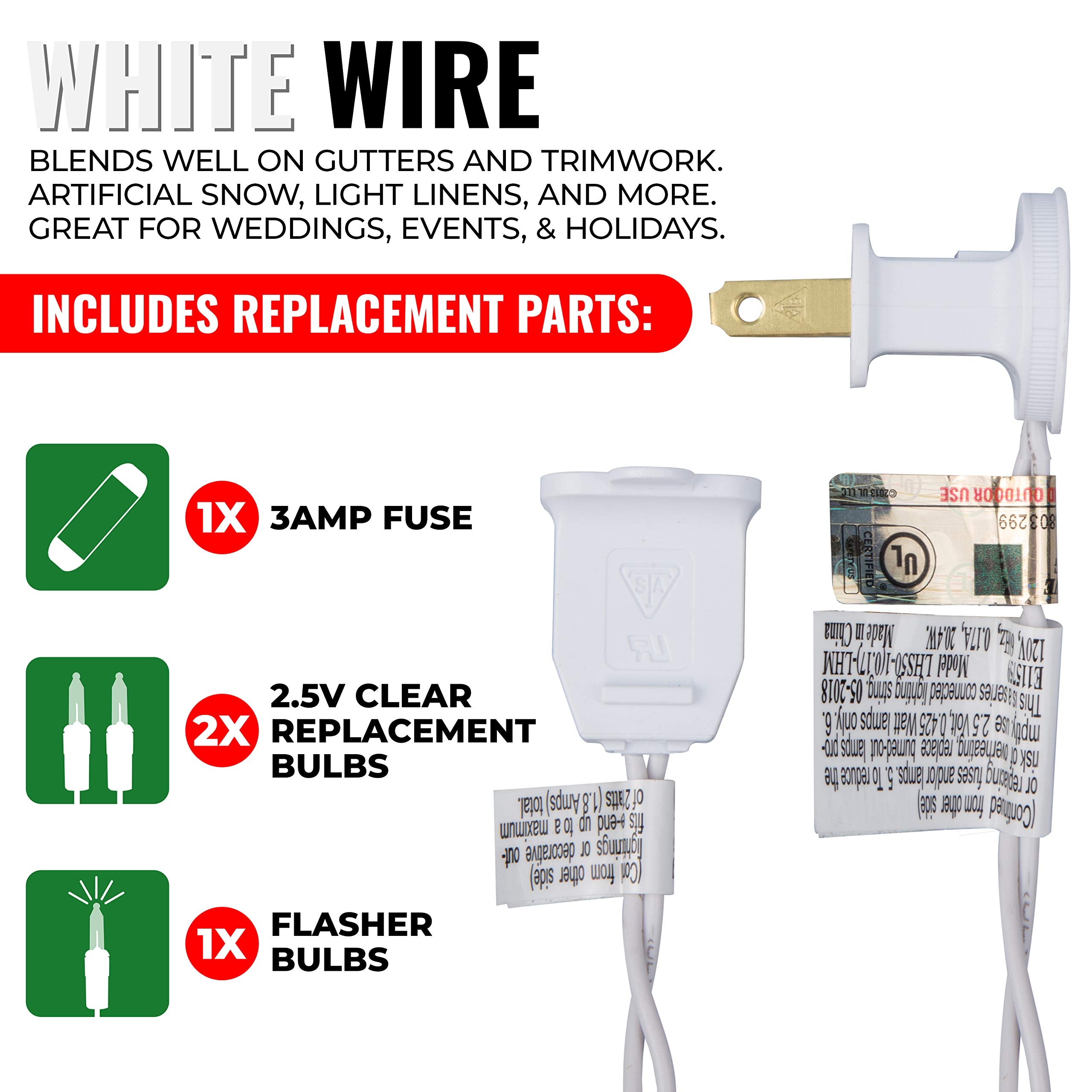 612 Vermont 50 Red Christmas Lights on a White Wire String, UL Approved, Indoor and Outdoor Use, 9 Foot of Lighted Length, 11 Fo