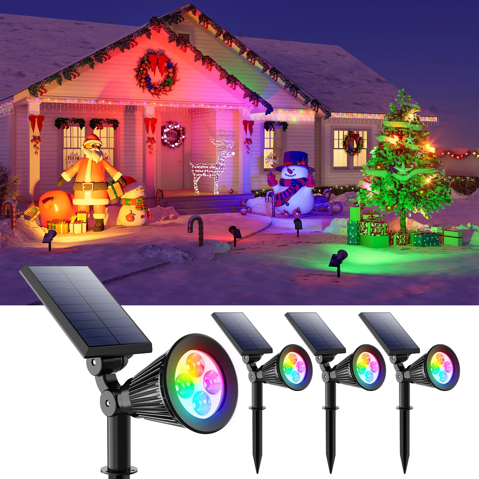 4 Pack Color Changing Solar Spotlights Outdoor for Decorations, Tree, Statue, House Wall, Super Bright Waterproof Solar Lanscape Spot Lights Uplighting for Outside, Yard, Garden, Adjustable Brightness