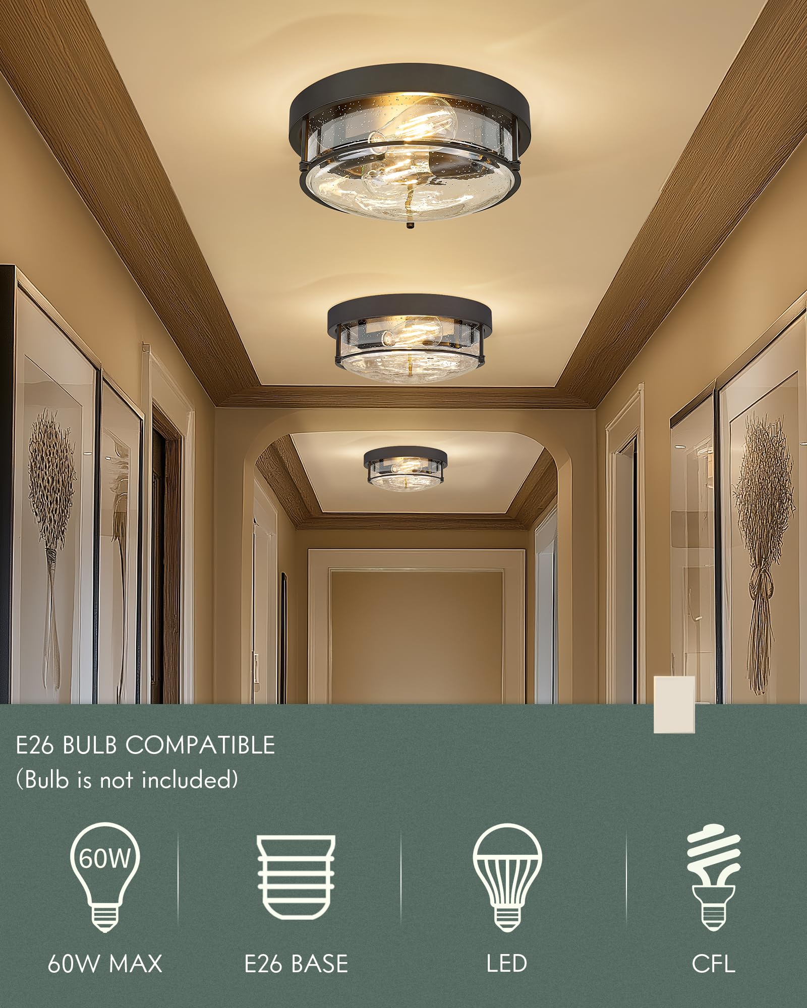 Cargifak 12-Inch Flush Mount Ceiling Light  Modern Farmhouse Style With Bubble Glass Shade  Oil Rubbed Bronze Finish  Ideal For Living Room  Bedroom  Or Dining Room - Model Ckcl4822-2W-Sgorb