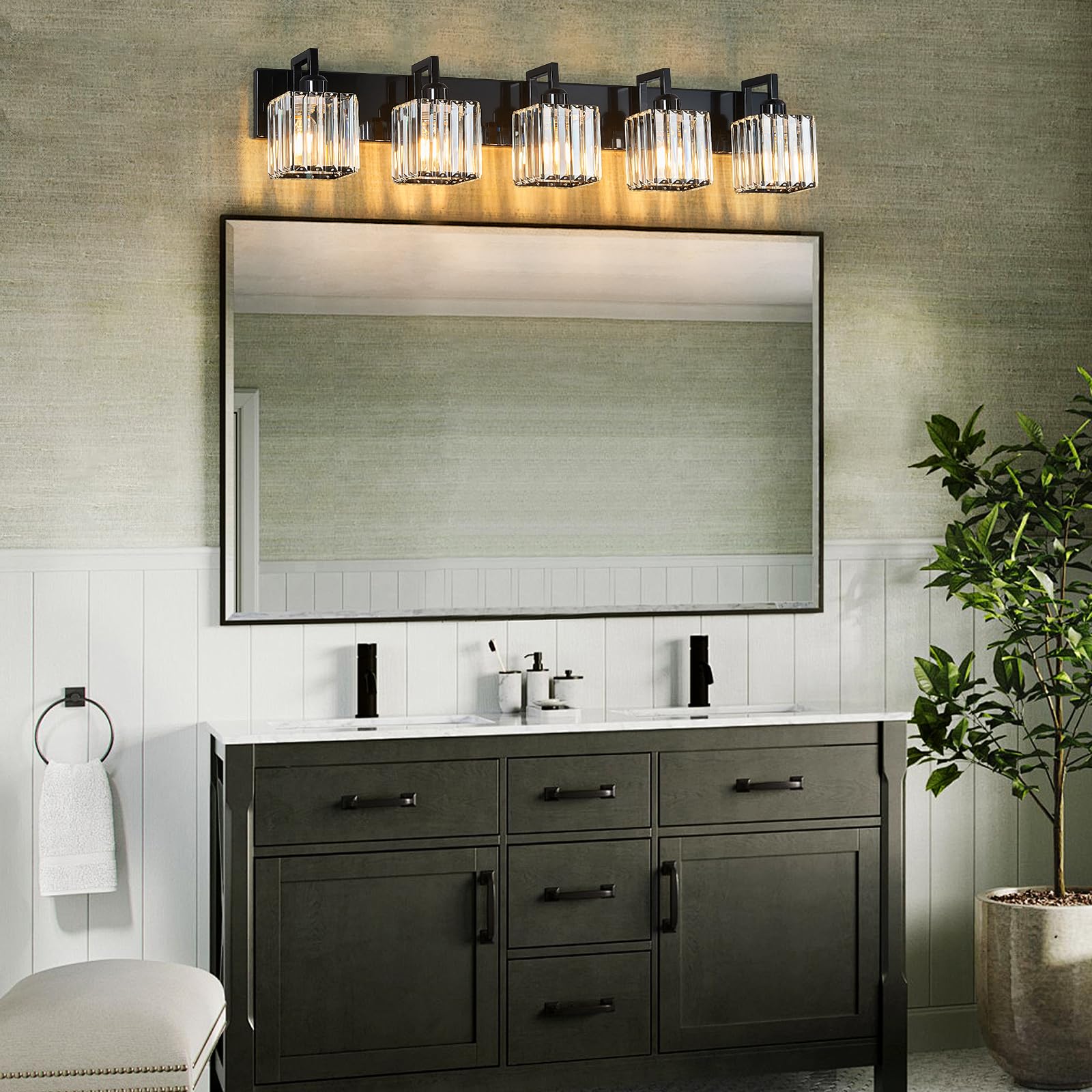 FDPBY Modern Bathroom Vanity Light 5-Light Crystal Wall Light Plating Black Model 003