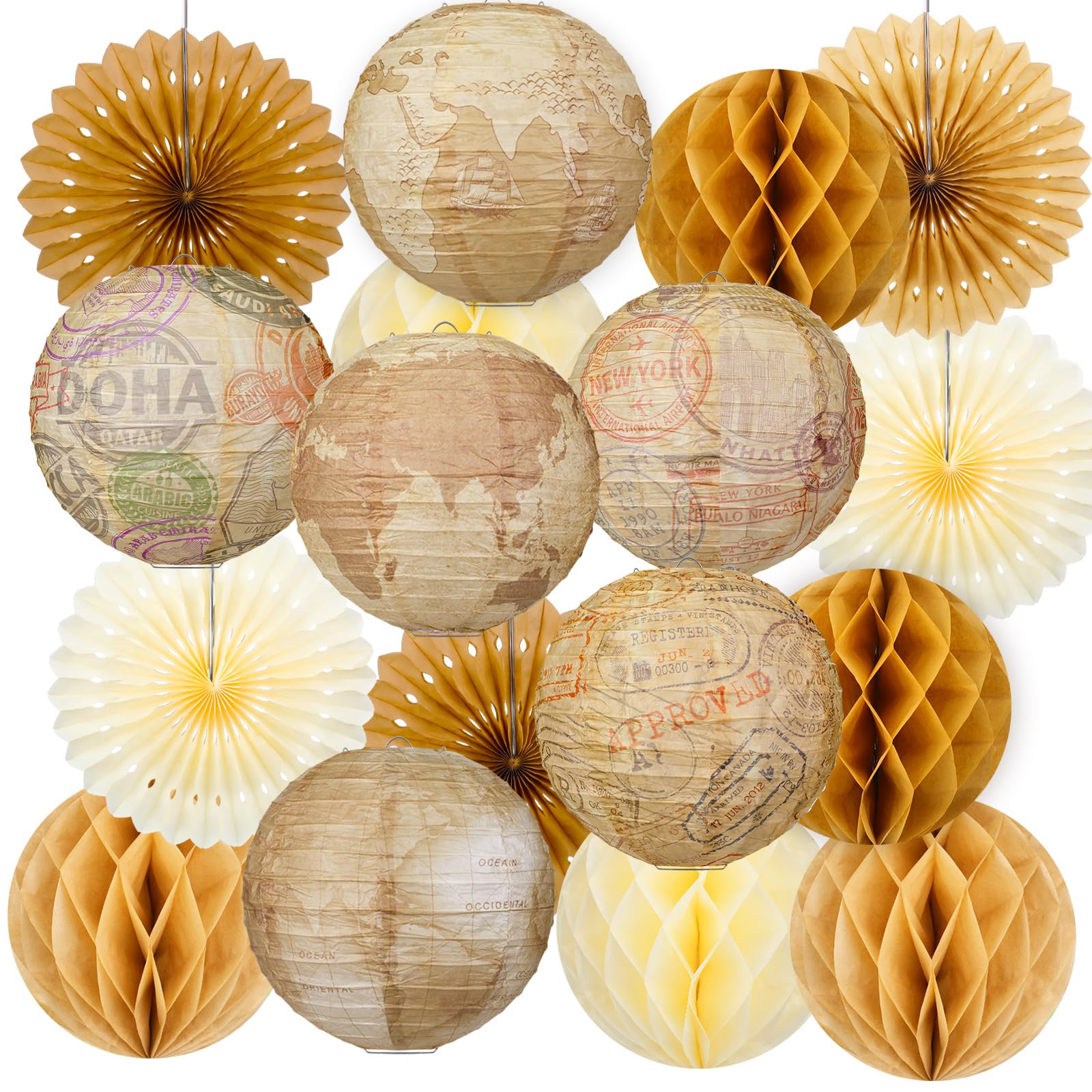 Flutesan 18 Pcse Travel Themed Party Decorations Bon Voyag Around The World Hanging Paper Lanterns Map Hanging Paper Fans Honeyc