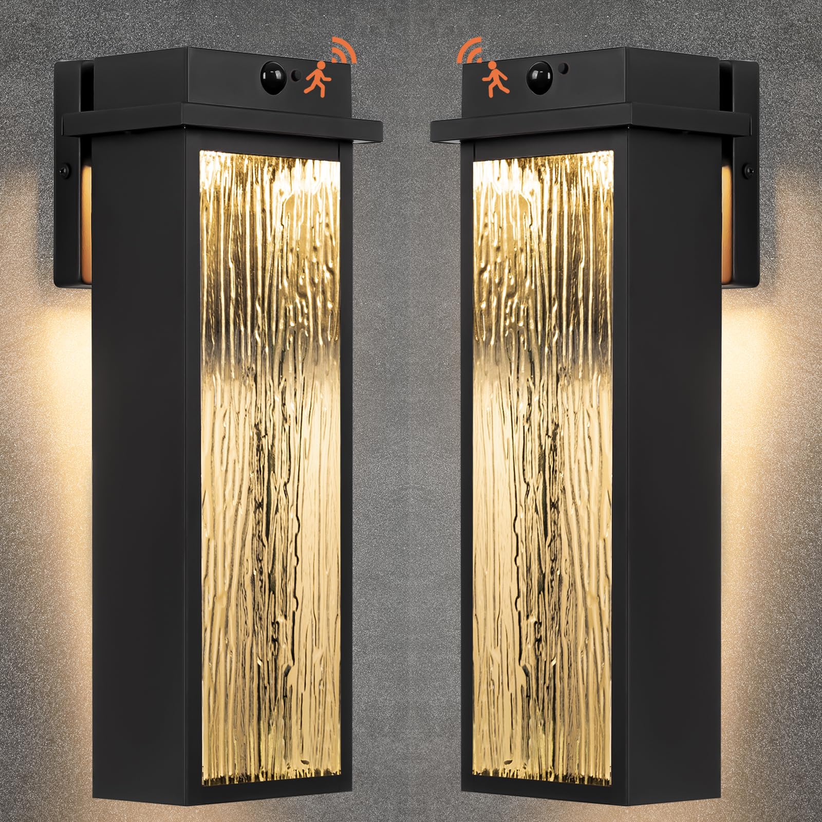 VenzBlomia Upgraded Motion Sensor LED Outdoor Lights  2 Pack 16  Black LED Dusk to Dawn Outdoor Light Fixtures  Modern Outside Sconce Lanterns with Rippled Glass  Waterproof Exterior Garage Lamps