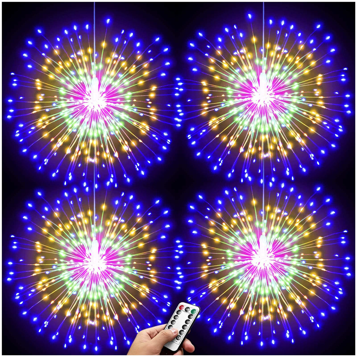 Denicmic Firework Lights 4 Pack Starburst Lights 8 Modes 120 Led Battery Operated Chandelier Star Lights With Remote, Hanging Ceiling Decor For Bedroom, Yard, Patio, Party, Christmas Decor