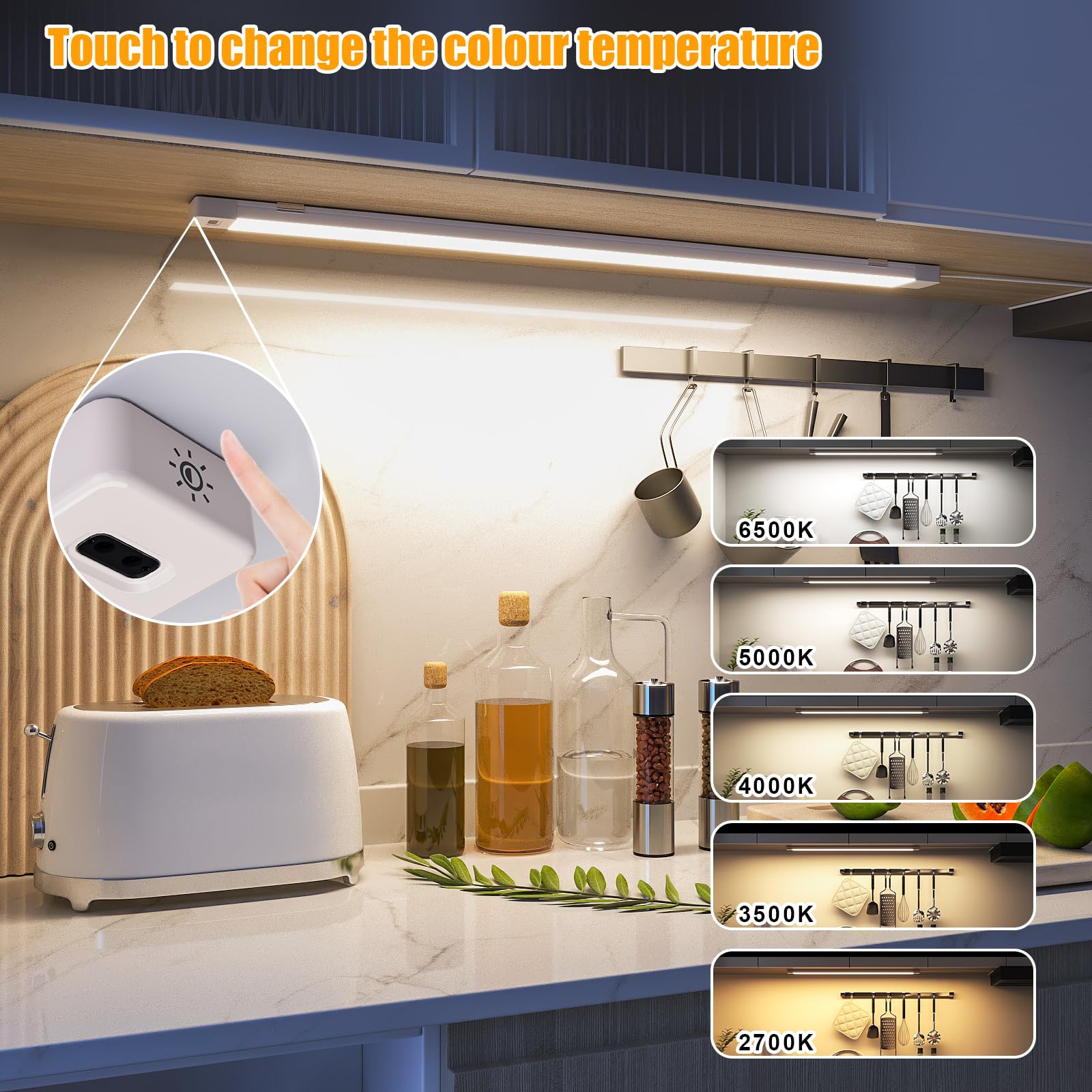 MYPLUS Under Cabinet LED Light Bar, 16", 5 Color Dimmable, 450 Lumens, Polycarbonate, White, Model MYPLUSGG121