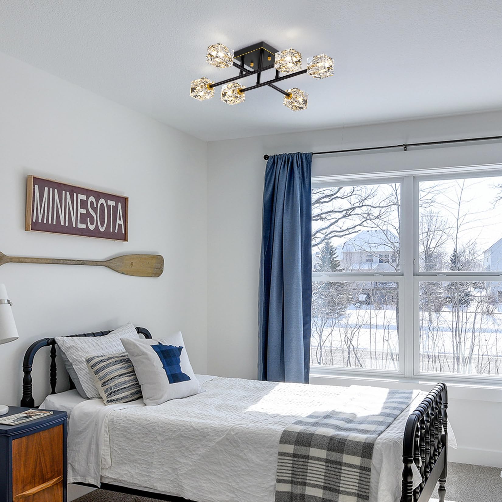 Semi Flush Mount Ceiling Light Fixture 6-Light Modern Crystal Chandeliers Black And Gold Farmhouse Lighting Fixtures For Dining Room Living Room Kitchen Bedroom Entryway