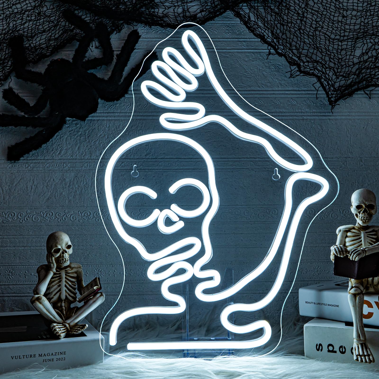 Looklight Skeleton Skull Neon Sign Halloween Decor Neon Signs For Wall Skeleton Halloween Led Lights For Bedroom Front Door Man Cave Bar Game Room Party Decoration Gifts Usb Powered Led Light 11.4X15.9In