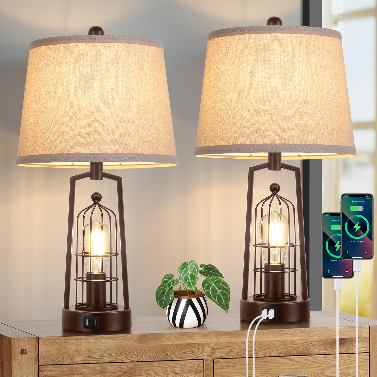 Brightever Farmhouse Table Lamps Set of 2, Metal with Beige Shade, USB Ports, Bronze, Model JT2026.BR