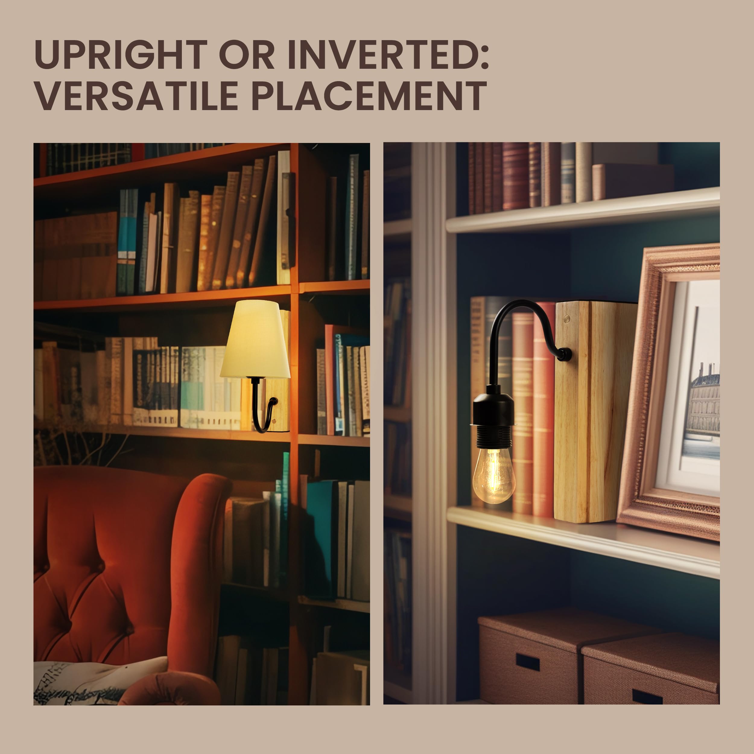 AELS Wooden Bookshelf Lamp, Cordless Touch Dimmable, Rechargeable Model, Natural Finish, Modern Decorative Table Lamp for Home & Office