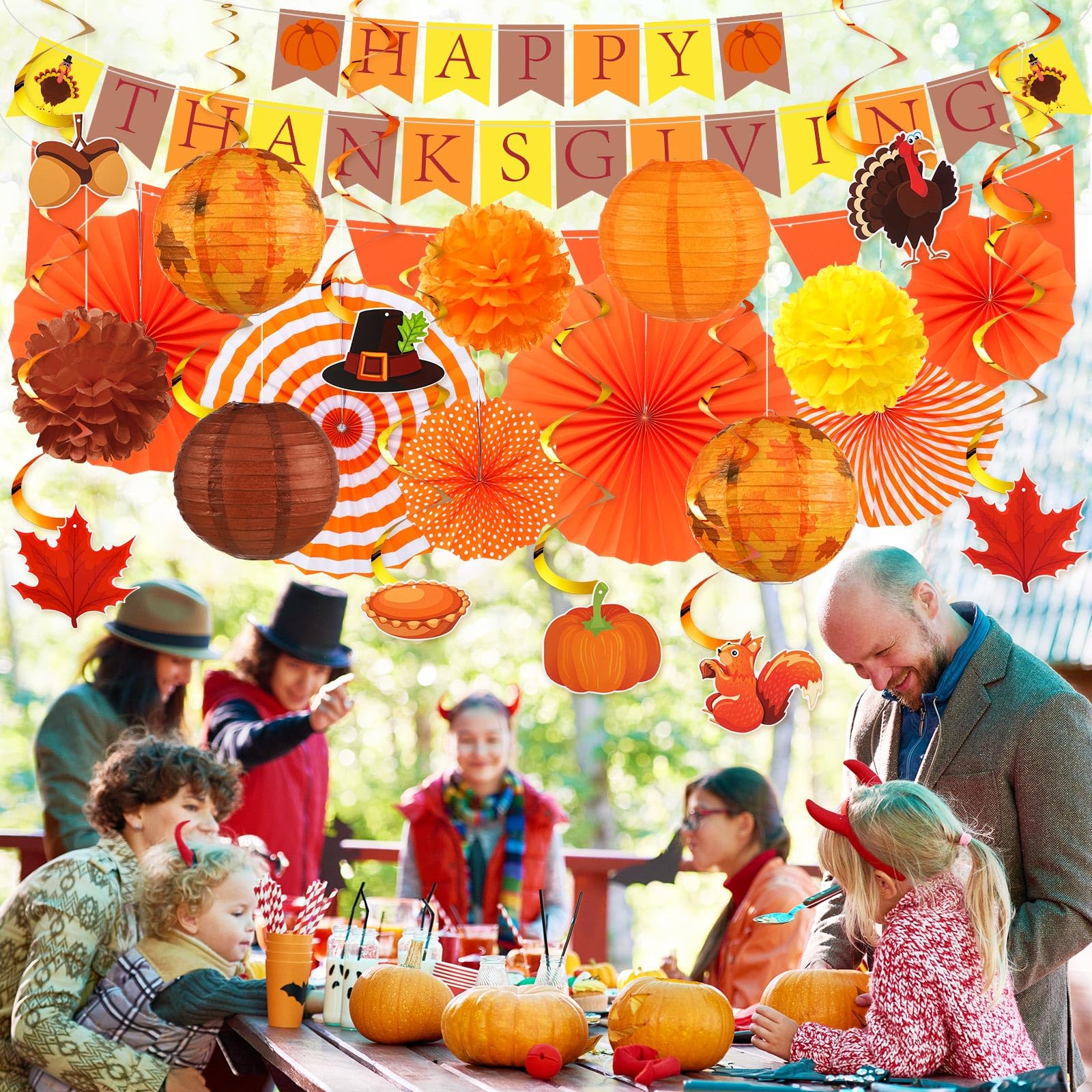 Motiskyy 28 Pcs Thanksgiving Party Decoration Include Happy Thanksgiving Banner Autumn Paper Lanterns Pom Pom Hanging Fans Bunting Garland Swirl Streamers For Fall Harvest Birthday