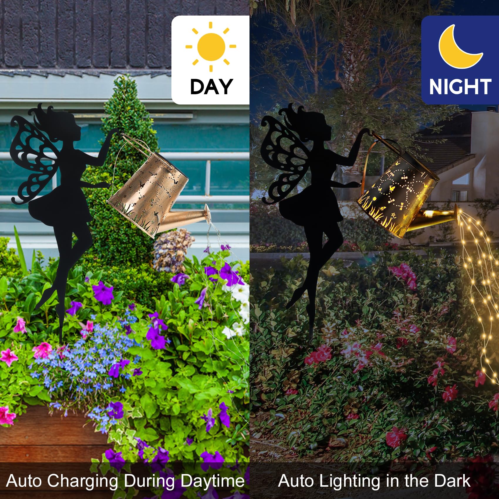 Ouddy Decor Fairy Garden Decor With Solar Watering Can, Metal Statues With Hanging Lanterns Waterfall Lights Silhouette Waterpro