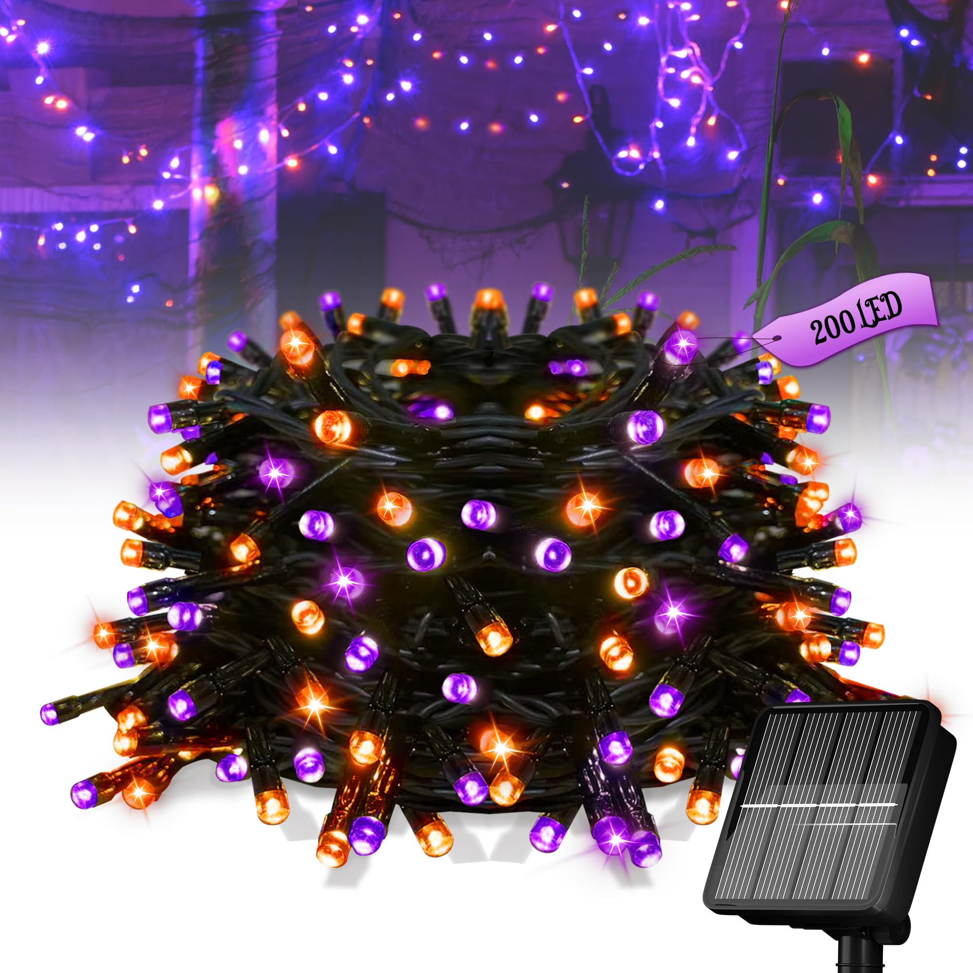 Flechllary Solar Halloween Lights,72Ft 200Led Orange & Purple Halloween Lights,Halloween Solar Lights Outdoor With 8 Modes Waterproof Halloween Lights For Bedroom Patio Garden Party Yard Decoration