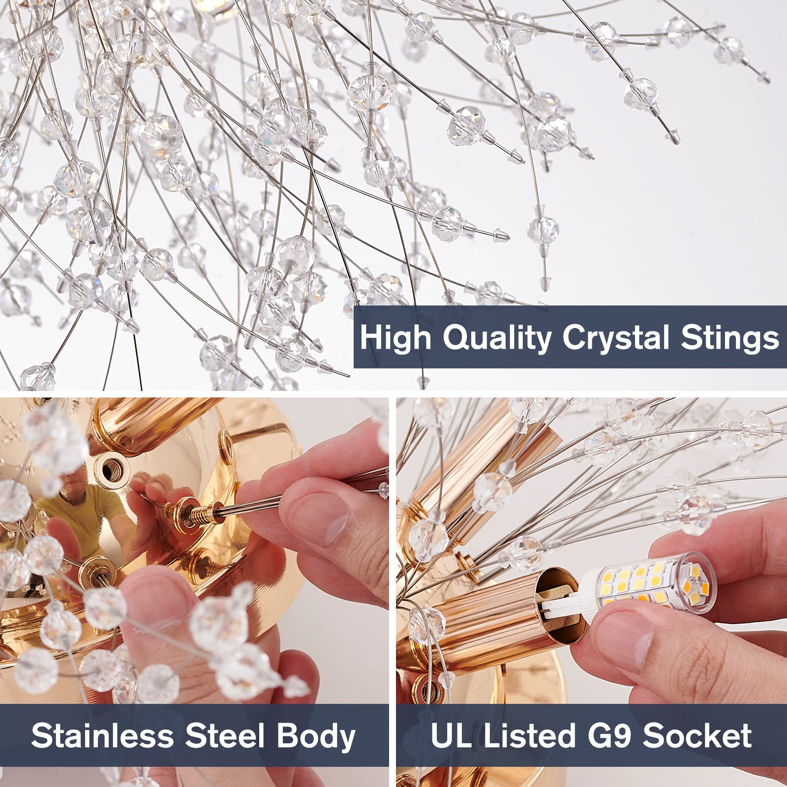 6-Light Sputnik Flush Mount Ceiling Light Fixture, Modern Gold Crystal Firework Ceiling Lights, Close To Ceiling Lamp For Bedroo