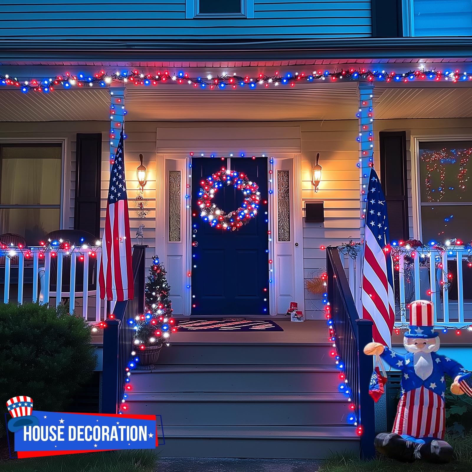Jmexsuss 500 Led Red White And Blue Lights 4Th Of July Decorations, 173Ft 8 Modes 4Th Of July Lights Outdoor, Waterproof Patriot