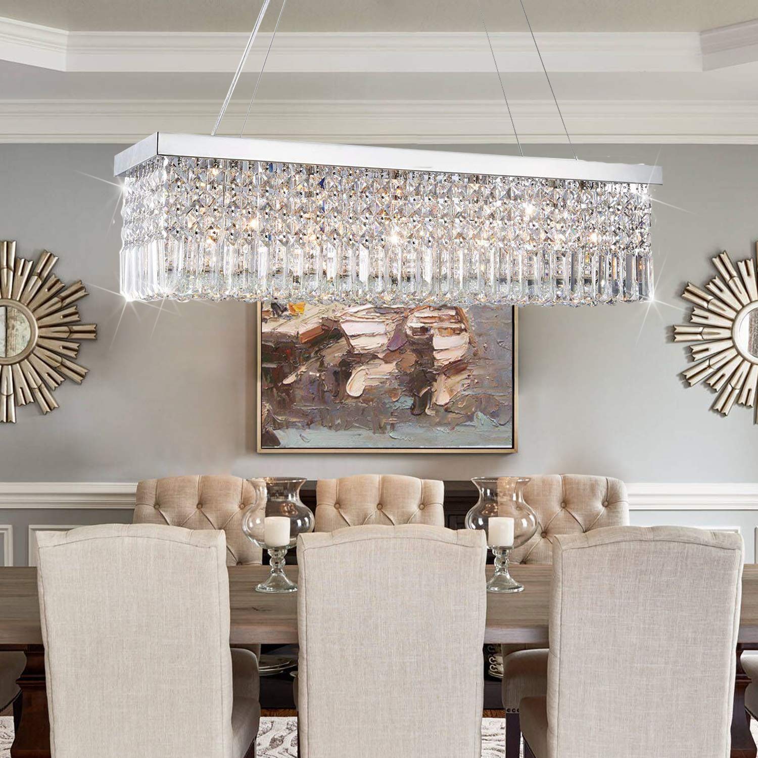 Rectangular Chandeliers for Dining Room, Modern Rain Drop Chandeliers, Hanging Pendant Crystal Chandelier Light for Kitchen Isla