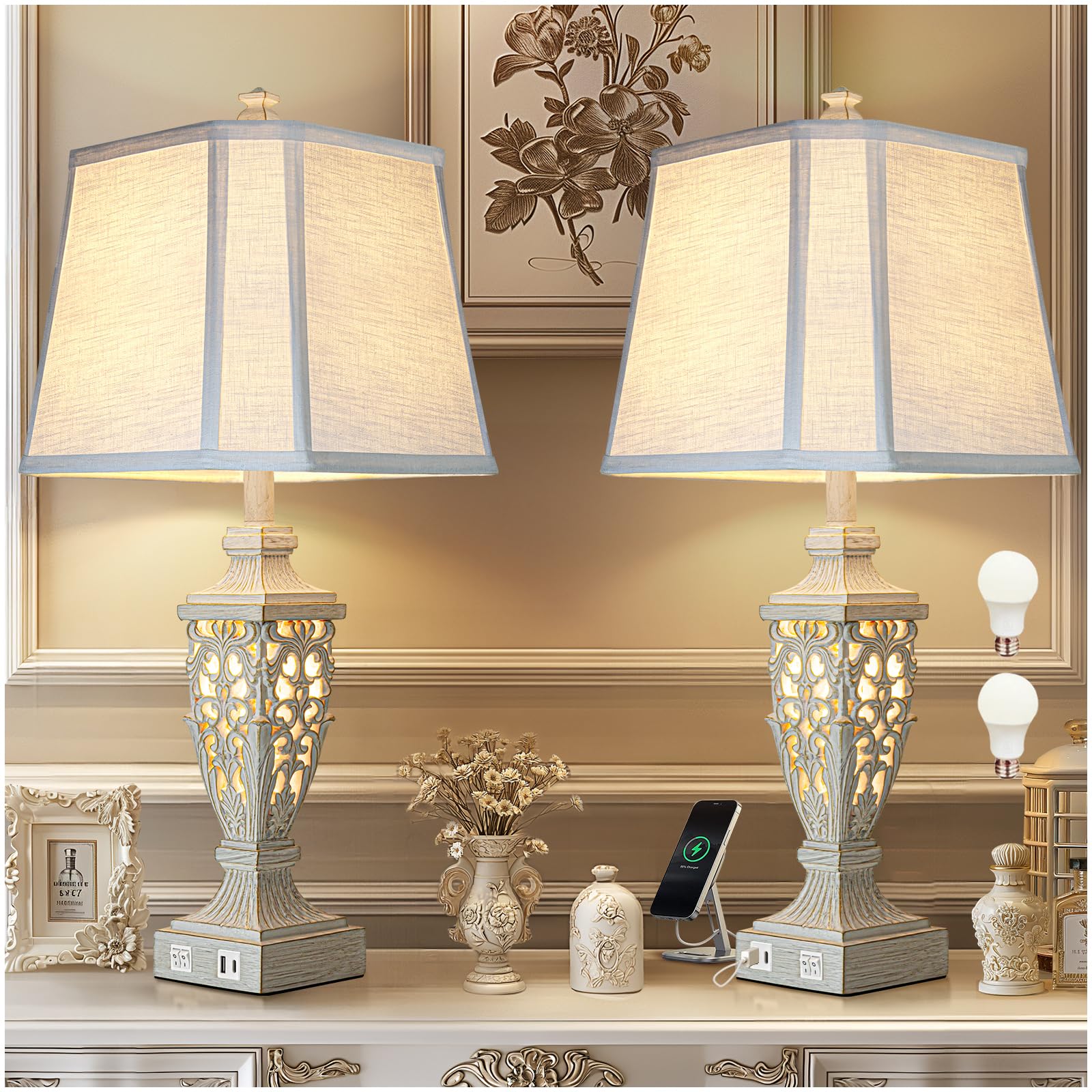 28.5'' Lamps for Living Room - Table Lamps Set of 2 with Night Light,Bedside Lamp with White Linen Cut Corner Shade - for Bedroo