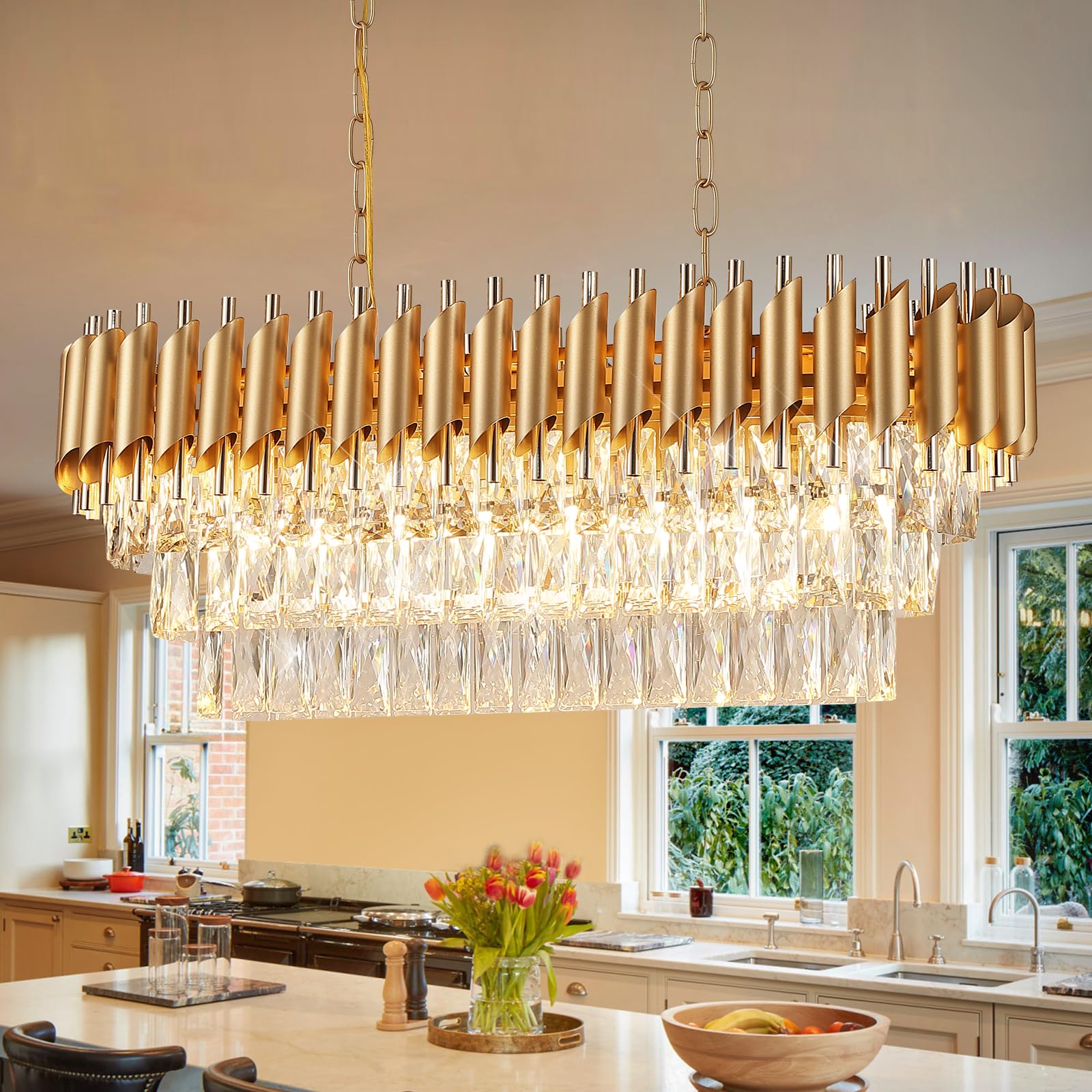 A AXILIXI Modern Rectangular Chandelier Gold Crystal Chandeliers for Dining Room 8-Light Linear Ceiling Pendant Light Long 32Lux
