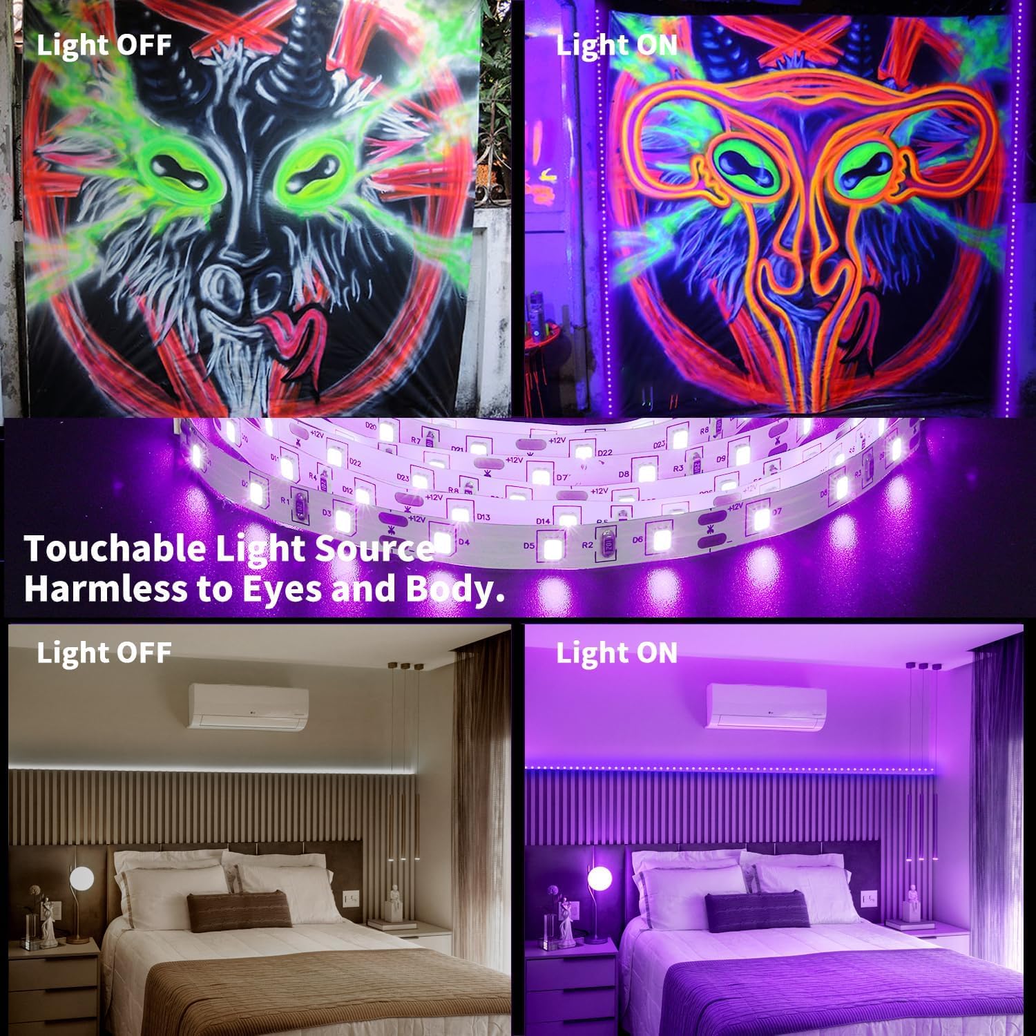 Pizhlo 50 Foot Black Light Strips & Remote, 900 Leds Dimmable Flexible Blackights Strip Lights For Glow Party Body Paint Birthda