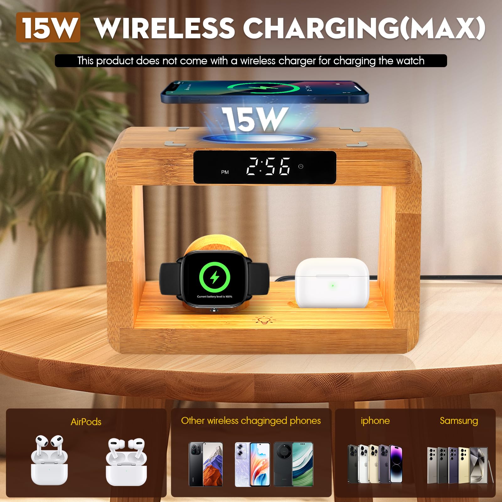 Hqobzx Wooden Bedside Table Lamps For Bedroom With Wireless Charger, Nightstand Lamp With Charging Station, 3 Night Light Modes