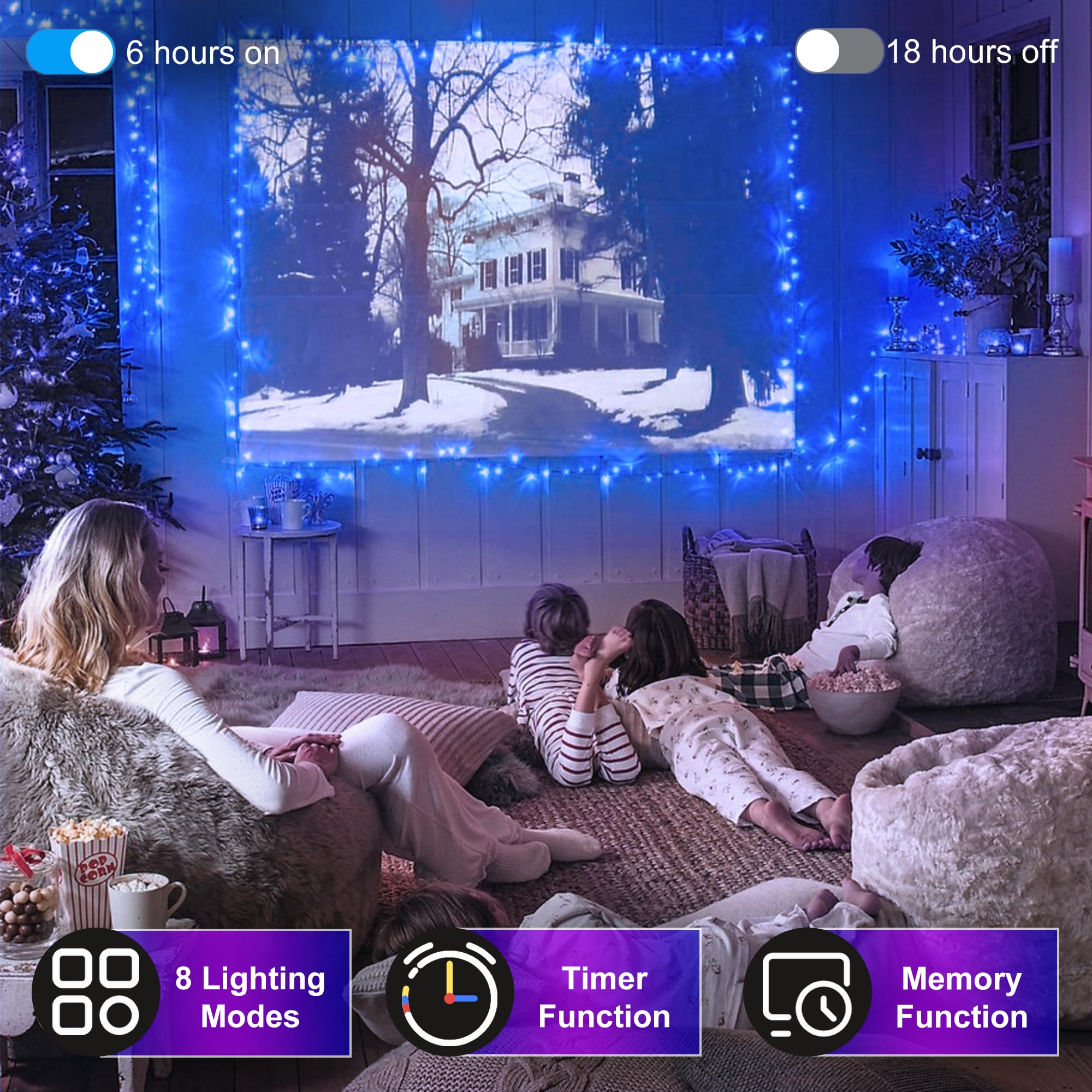 HRANBOTY 300LED Christmas String Lights, 100FT Connectable, Blue, 8 Modes, Timer, Indoor/Outdoor Decor, Model HS-300L