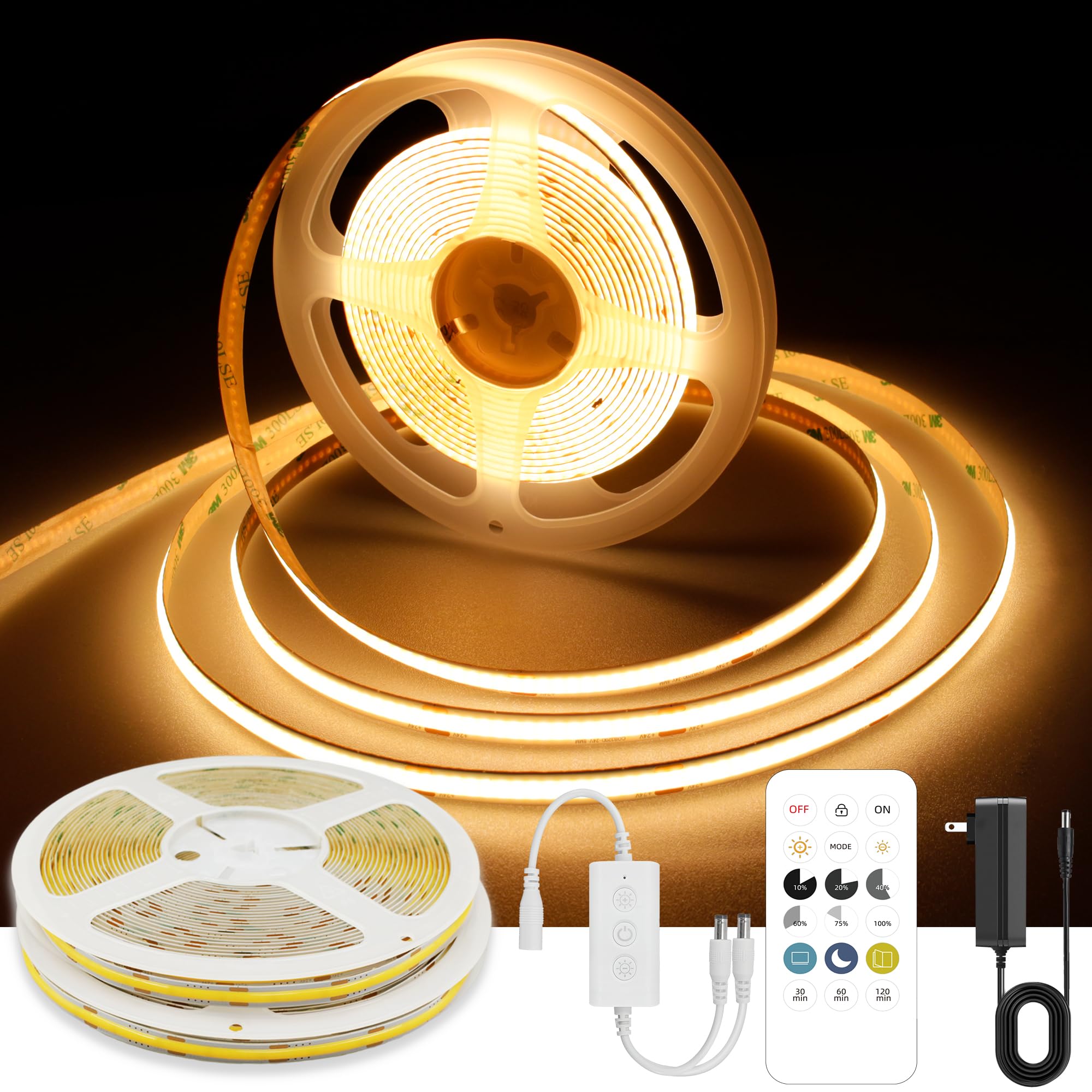 AXMOTUT COB LED Strip Light 32.8ft Warm White 2700K Dimmable with RF Remote, Model AM-320-5H227, Ideal for Bedroom & Kitchen Decoration