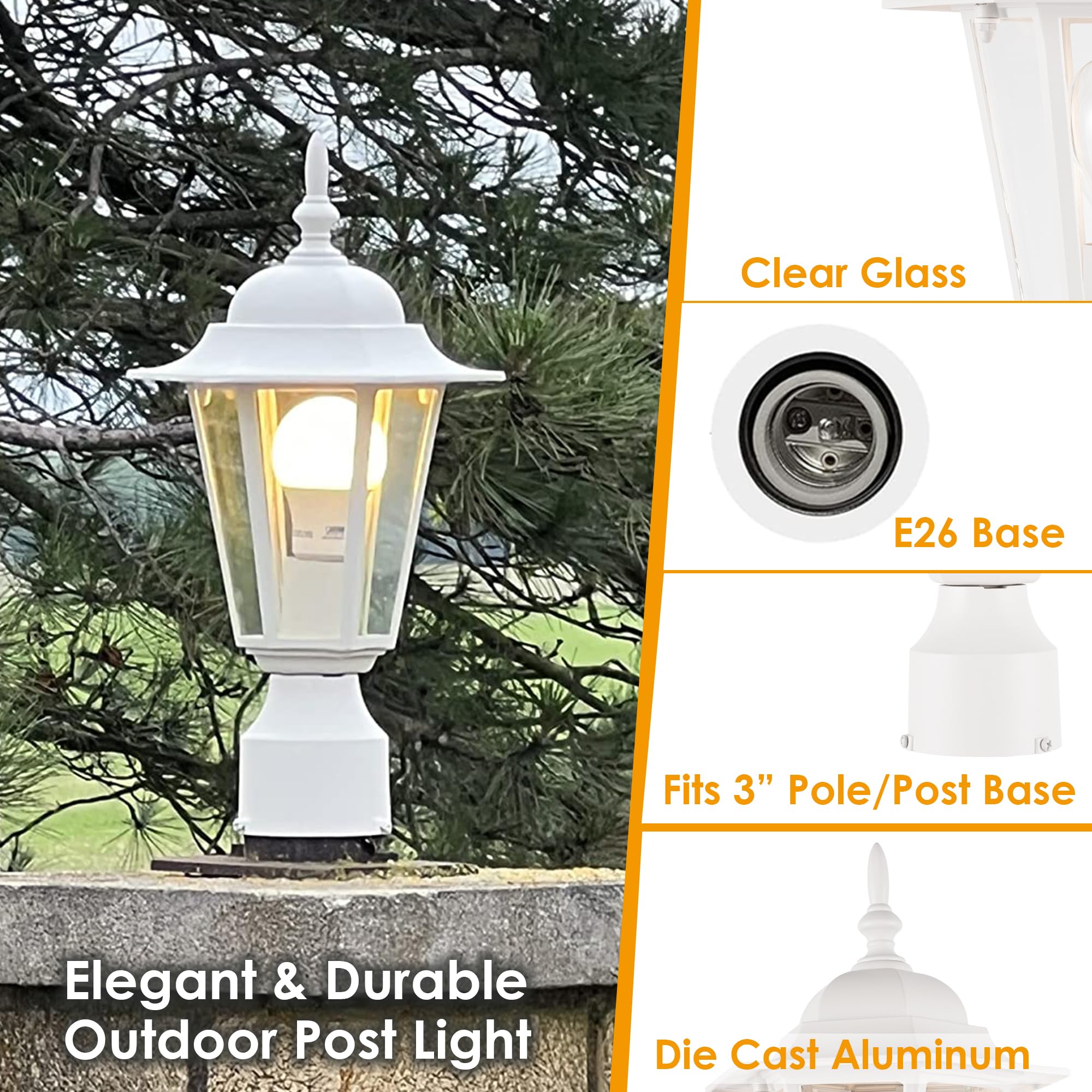 GRUENLICH Outdoor Post Lighting Fixture Pole Lantern, E26 Medium Base Max 60W, Aluminum Housing Plus Glass, Bulb Not Included, W