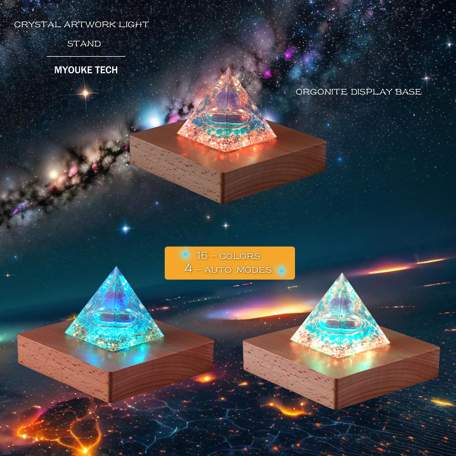 Myouke 4 Inch Square Led Light Base Display Base Lighted Display Stand,16 Colored Usb Light Table Light Base Wood Crystal Light