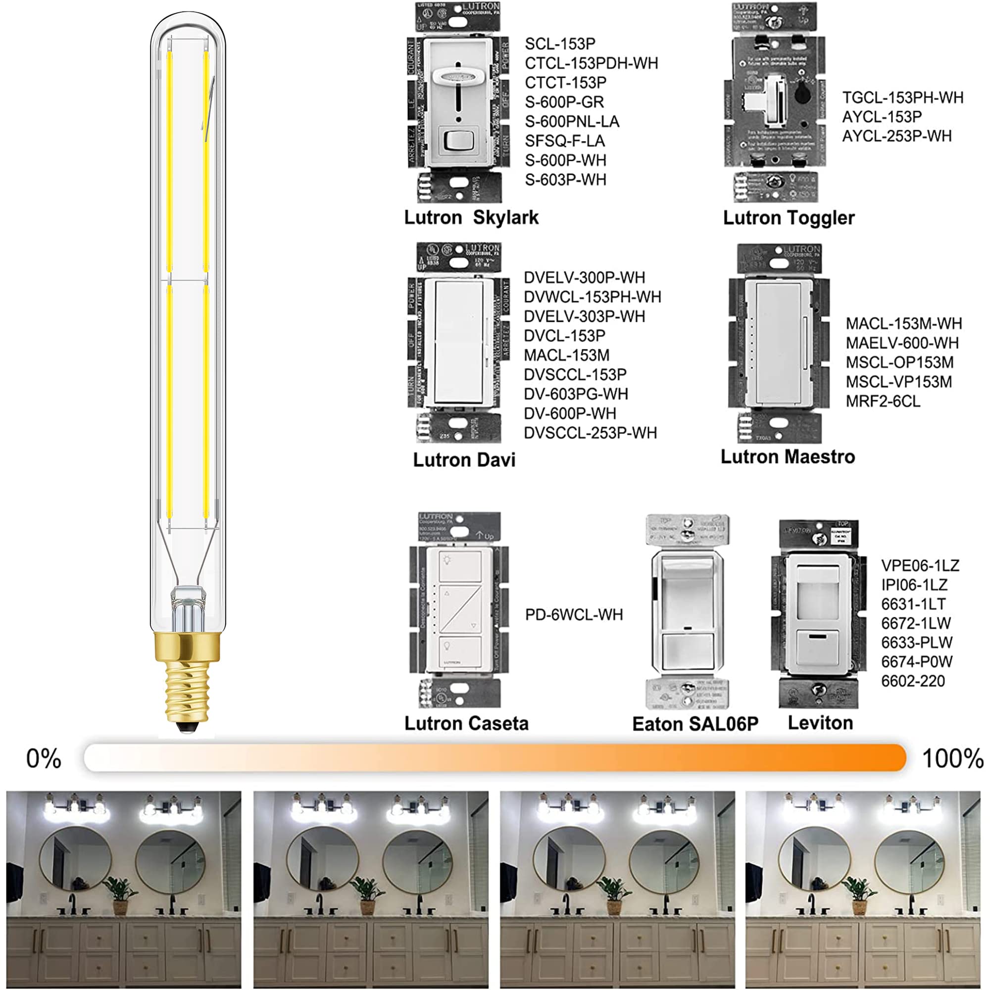 E12 Led Long Bulb, 6W T6 Edison Light Bulbs Cool White 5000K,7.3 Inch,750Lm, 75W Candelabra Incandescent Bulbs Equivalent Vintag