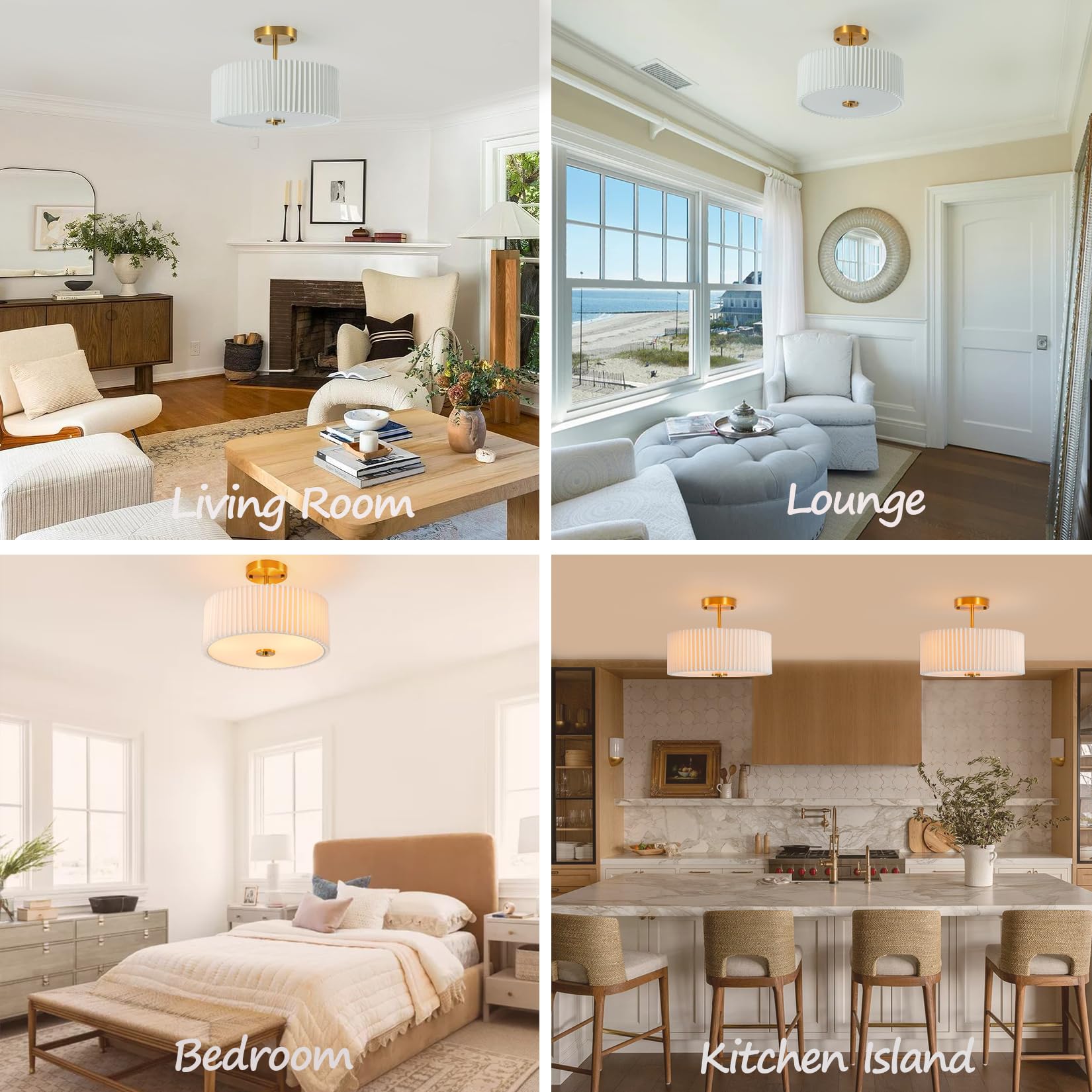 Bargeni Semi Flush Mount Ceiling Light Fixture,12.5 Inch Drum Flush Mount Ceiling Light,Gold Light Fixtures Ceiling Mount,Cream