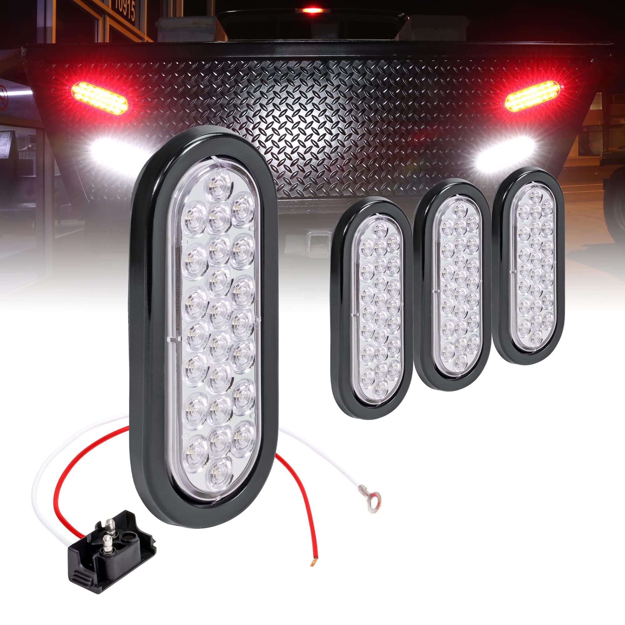 4Pc 6&quot; White Oval Led Reverse Trailer Tail Light Kit [Dot Fmvss 108] [Sae (2) R] [24 Led] [Grommet & Plug Included] [Ip67 Waterproof] [Back Up Signal] Trailer Lights For Boat Trailer Rv Trucks