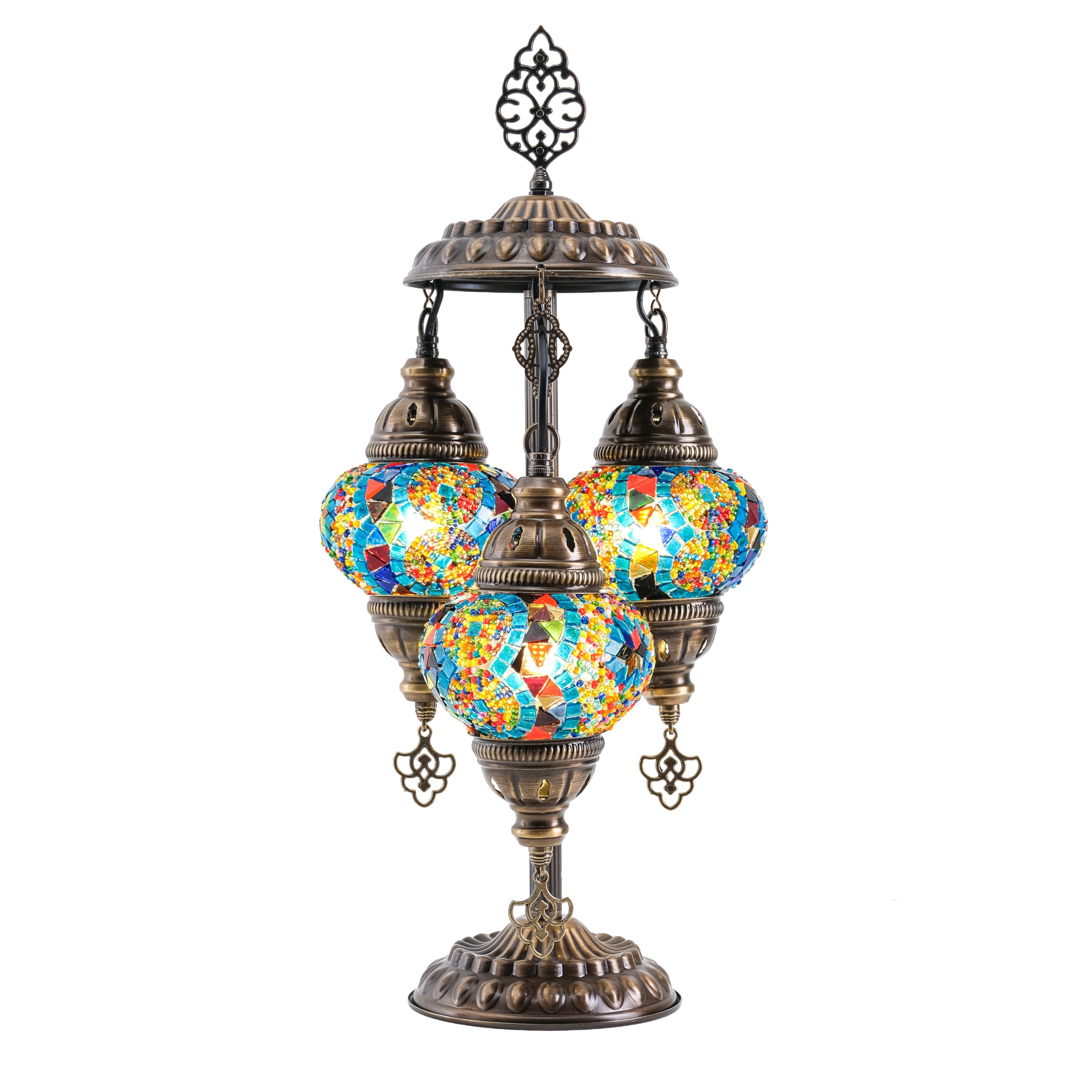 Mozaist Turkish Mosaic Lamp with Bulb - 3 Globe Tiffany-Style Moroccan Table Light (Multi-Colored)